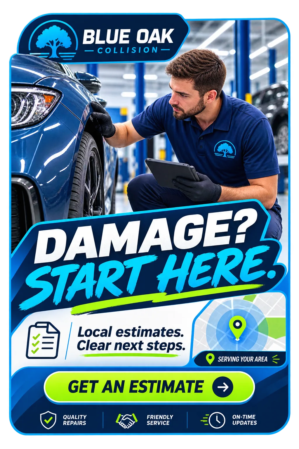 Estimate feed unit: damage, start here; local estimates, clear next steps; serving your area; get an estimate.