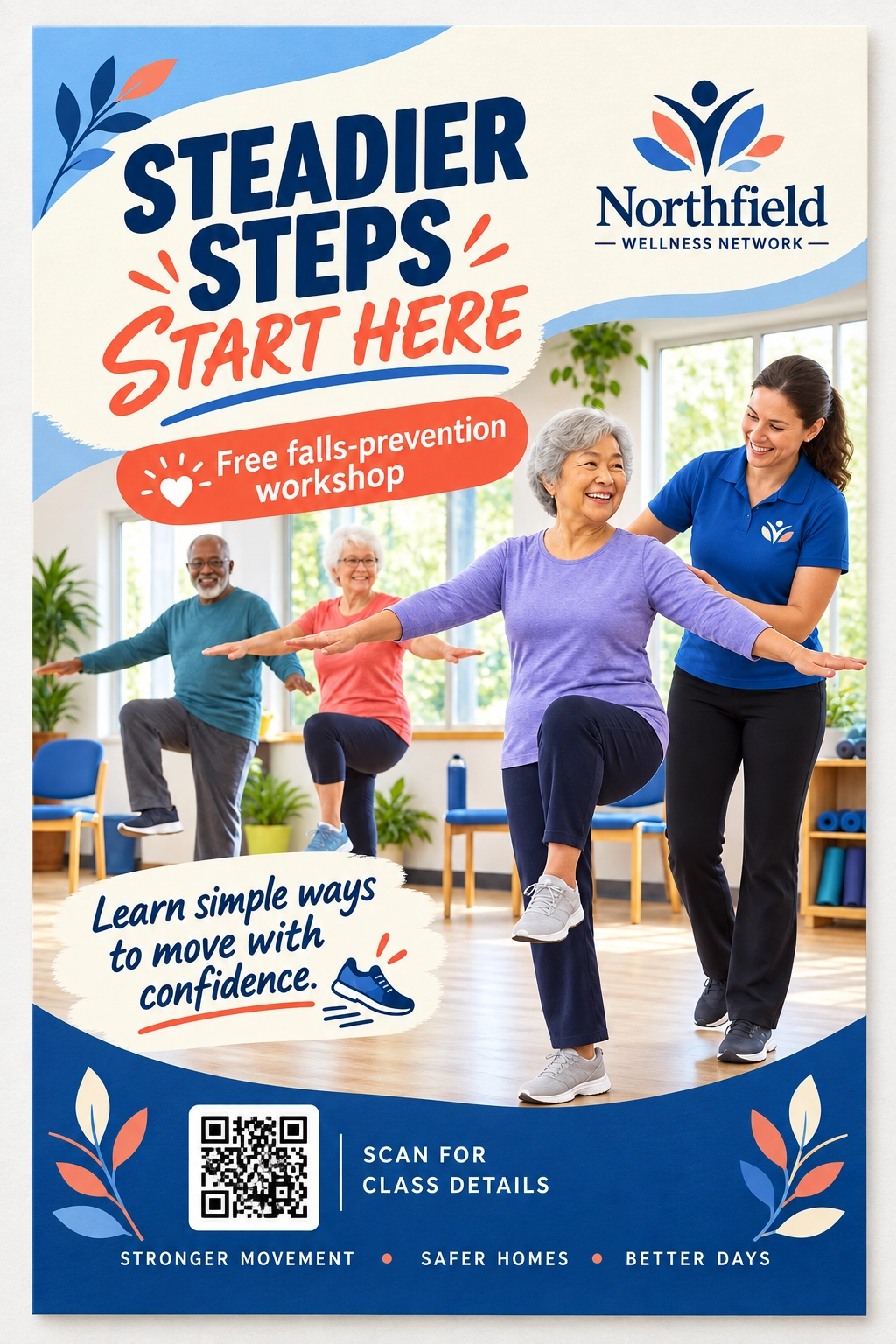 Falls-prevention workshop postcard: steadier steps start here, a free falls-prevention workshop; learn simple ways to move with confidence; a class at the balance rail with its instructor; reserve your seat, and the class page’s address.