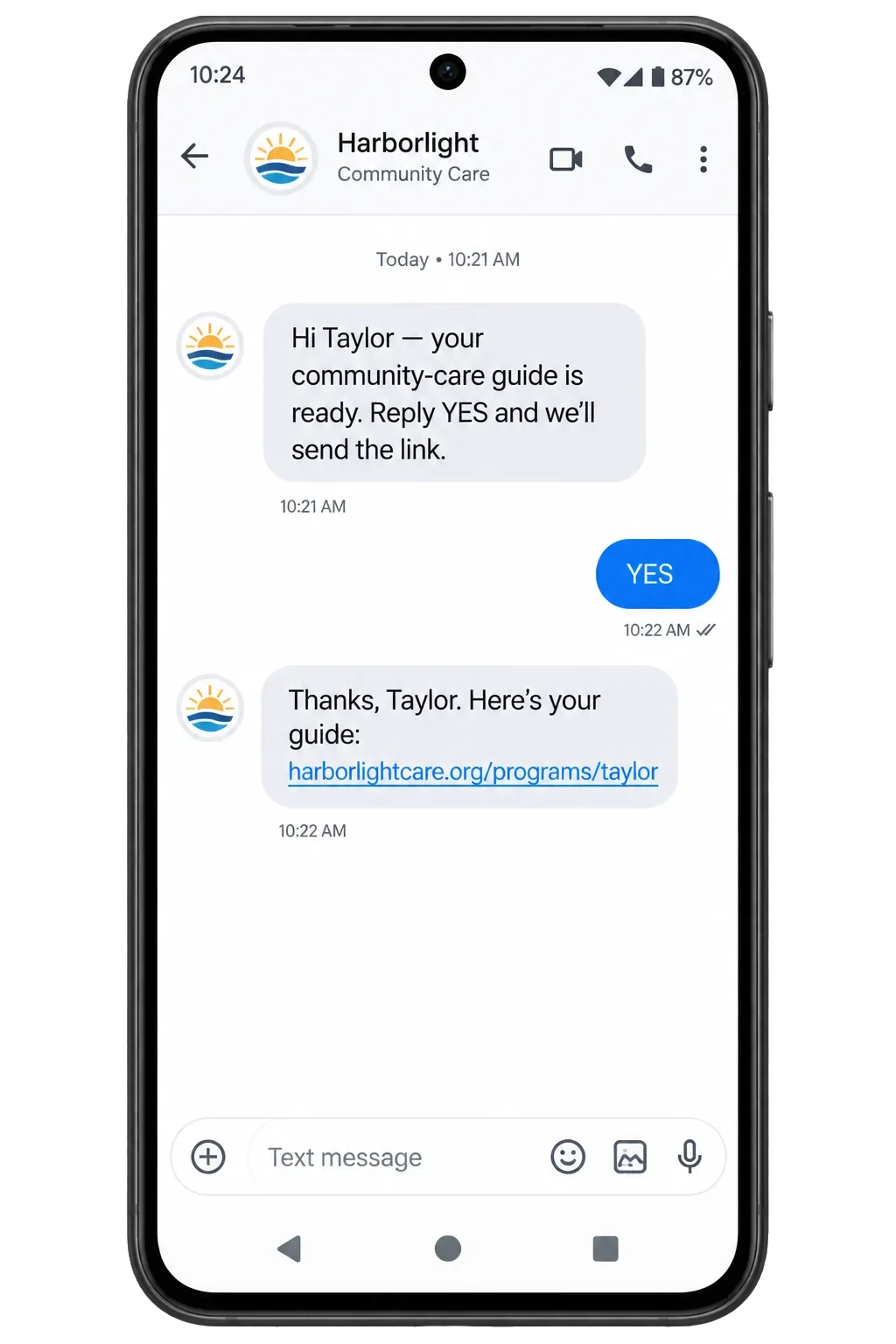 Resource-enrollment text, addressed by first name: your community-care guide is ready, reply YES and we’ll send the link; the YES; then here’s your guide, the guide’s address.