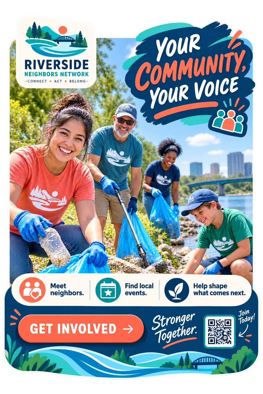Membership feed unit: your community, your voice; meet neighbors, and help shape what comes next; get involved, stronger together, join today.