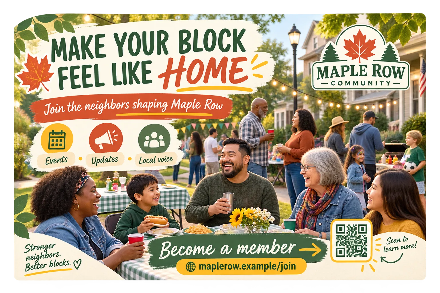 Membership postcard: make your block feel like home, join the neighbors shaping Maple Row; stronger neighbors, better blocks; become a member, with the association’s own joining address and a scan code.
