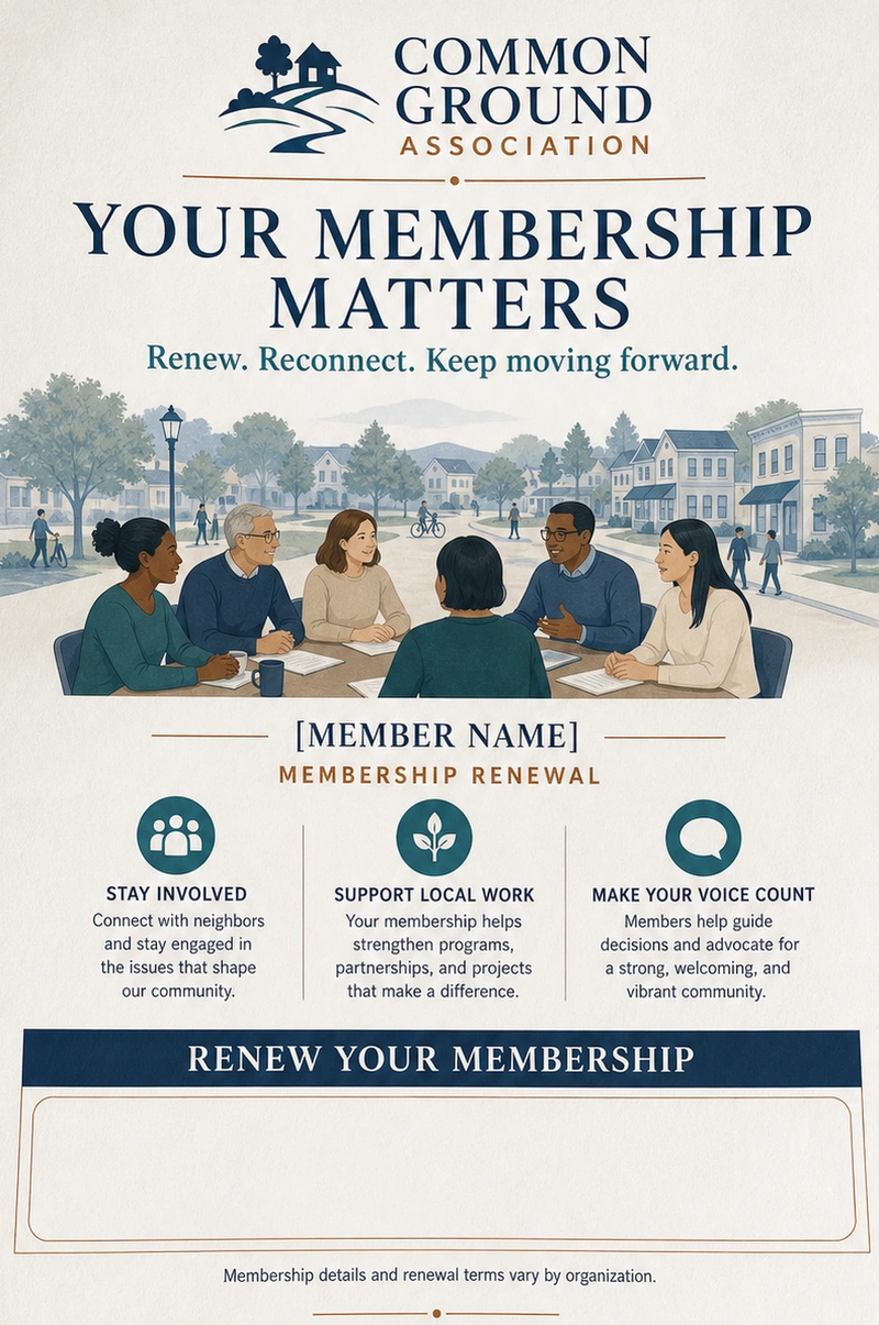 Membership renewal letter, addressed to the member by name: your membership matters, renew, reconnect, keep moving forward; stay involved, support local work, make your voice count; a renewal block left blank, and the line that membership details and renewal terms vary by organization.