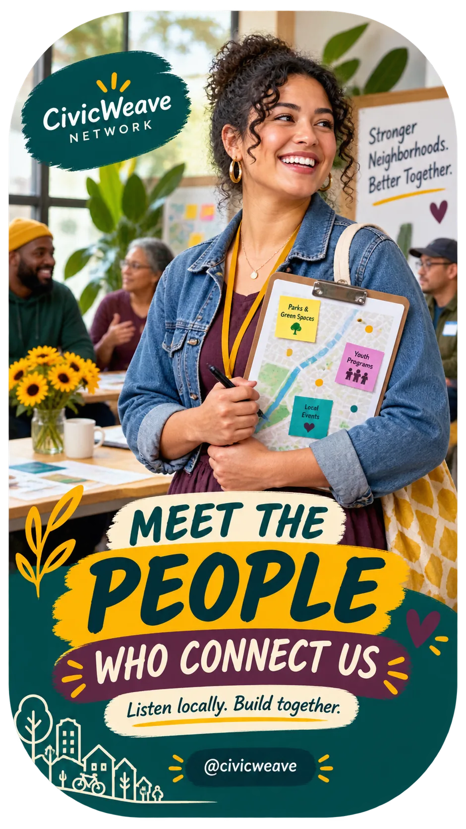 Community-leader Reel: meet the people who connect us, listen locally, build together; a member holding a neighborhood map, and the network’s own handle.