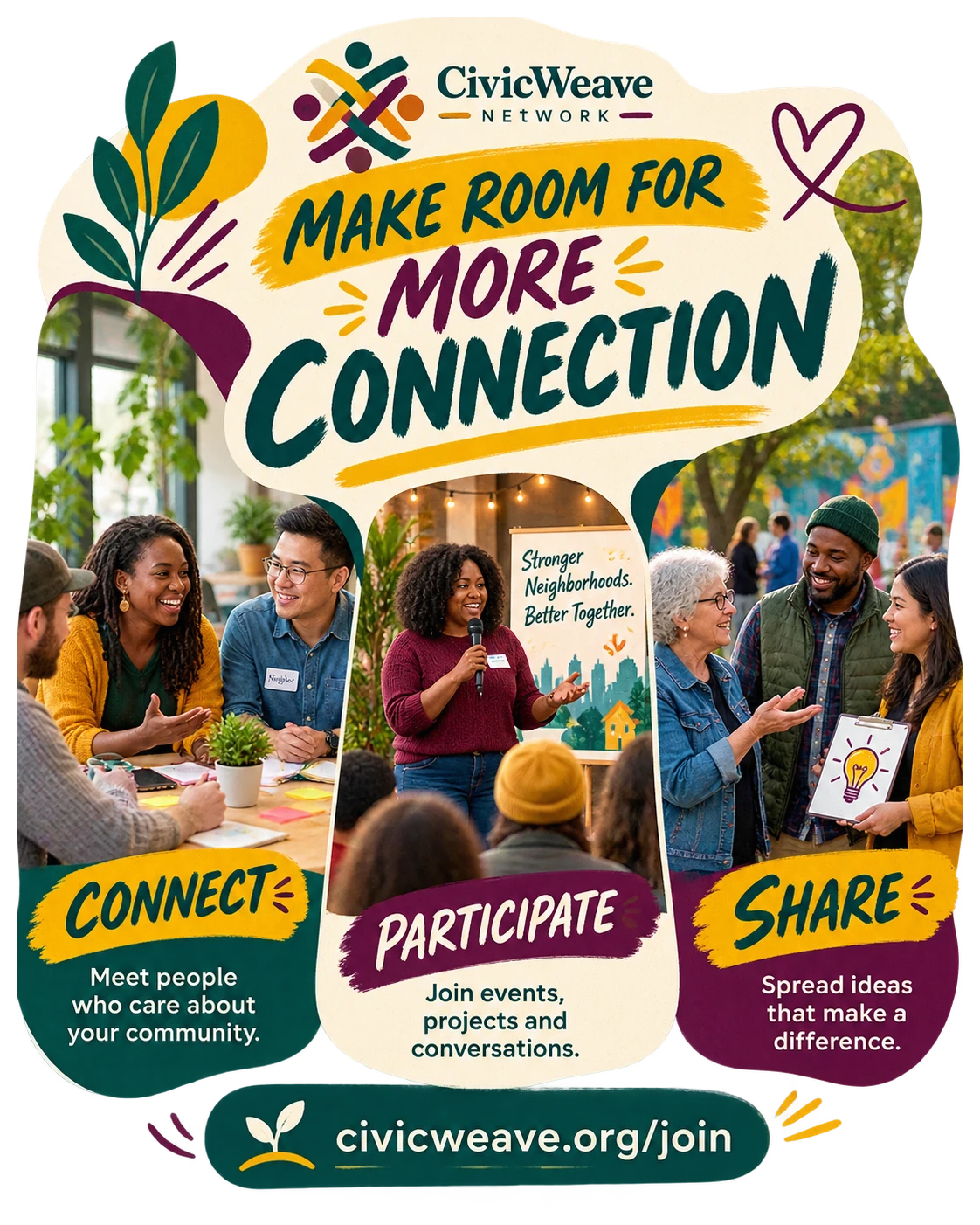 Member-engagement carousel: make room for more connection, in three panels — connect, meet people who care about your community; participate; share, spread ideas that make a difference — and the network’s own joining address.
