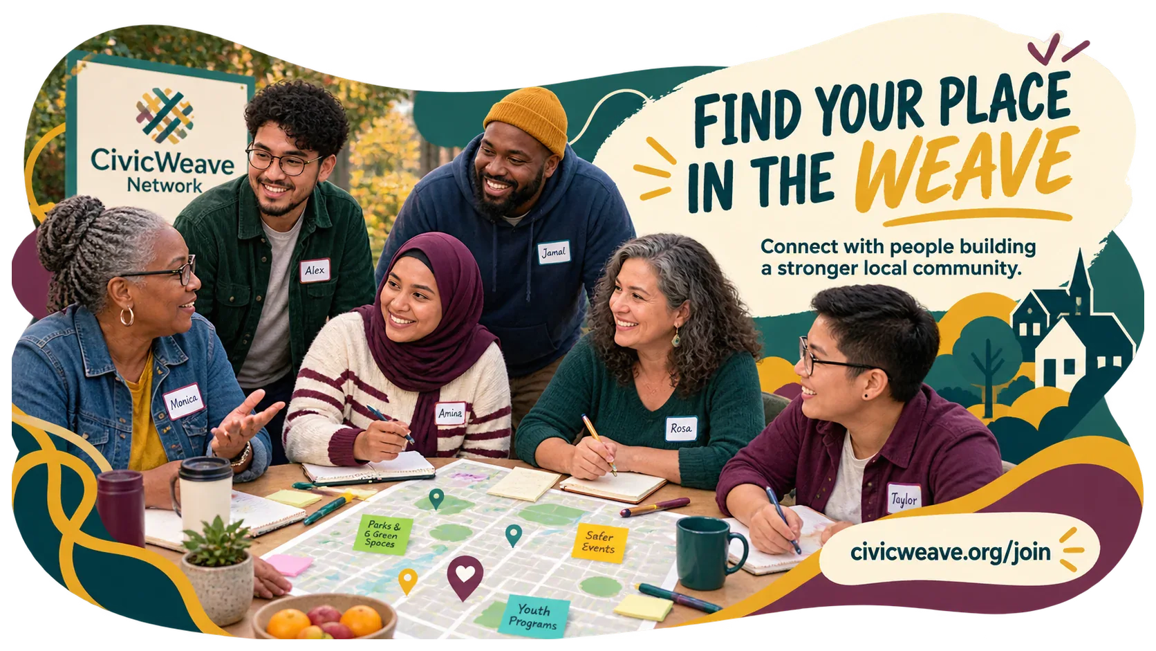Where the reply is captured: find your place in the weave, connect with people building a stronger local community, and the network’s own joining address.