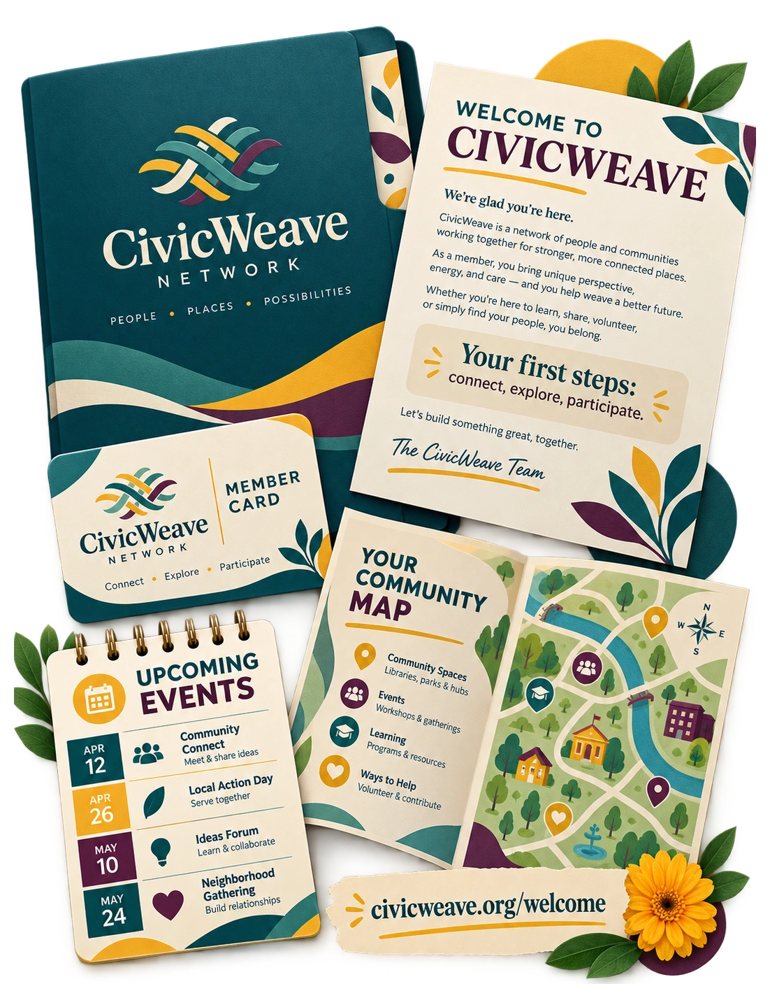 Membership welcome packet: welcome to CivicWeave, we’re glad you’re here; a member card, a first-steps letter and a community map with its key, and the network’s own welcome address.