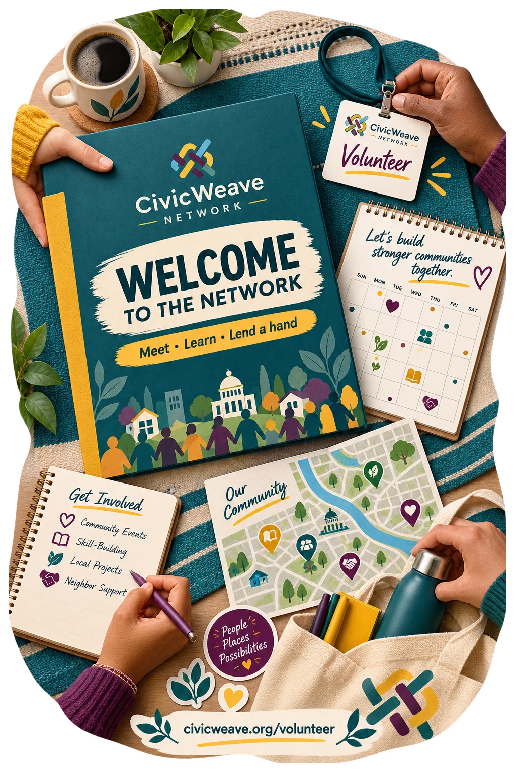 Volunteer welcome kit: welcome to the network, meet, learn, lend a hand; a folder, a volunteer badge, a month grid and a neighborhood map, with the network’s own volunteer address.