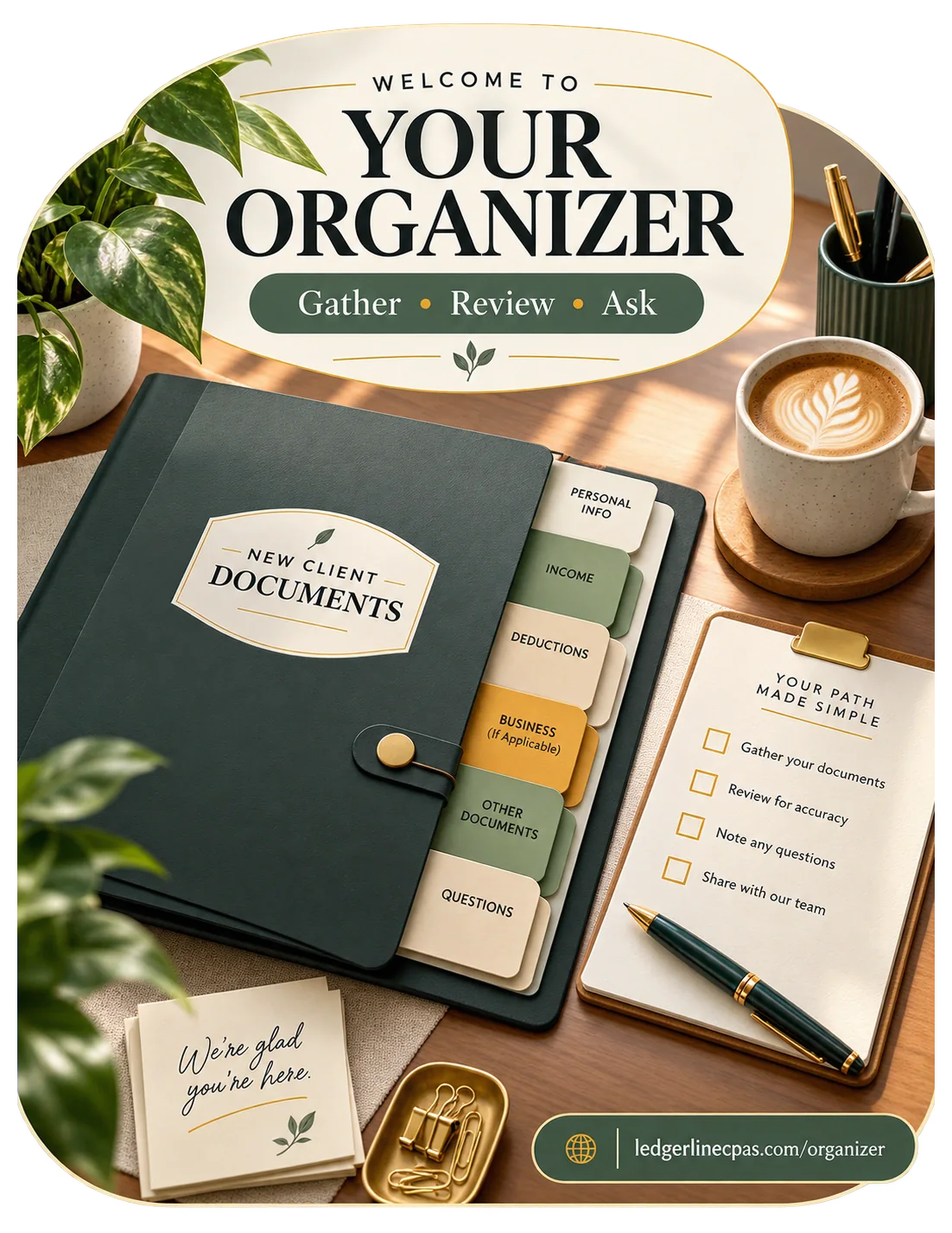 Document-organizer welcome kit: welcome to your organizer, gather, review, ask; a new-client document folder tabbed for personal info, income, deductions, business and questions, and the firm’s own organizer page at the foot.