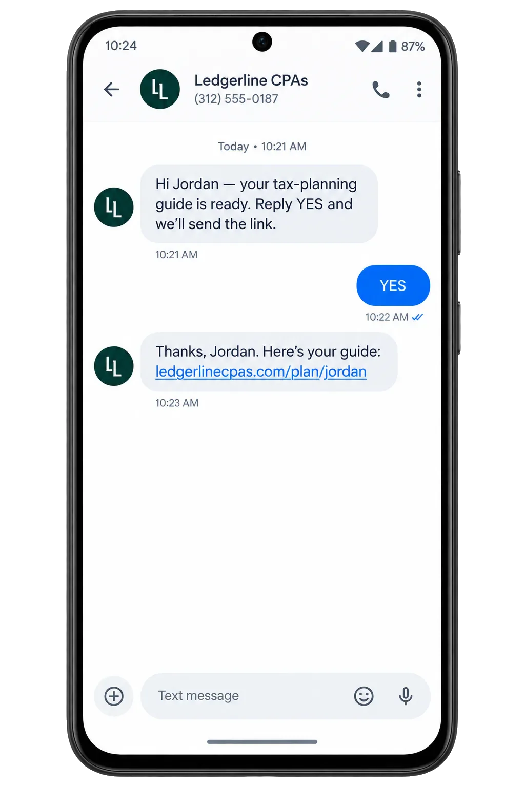 Tax-planning follow-up text, addressed by first name: your tax-planning guide is ready, reply YES and we’ll send the link; the YES, then the firm’s own plan link.