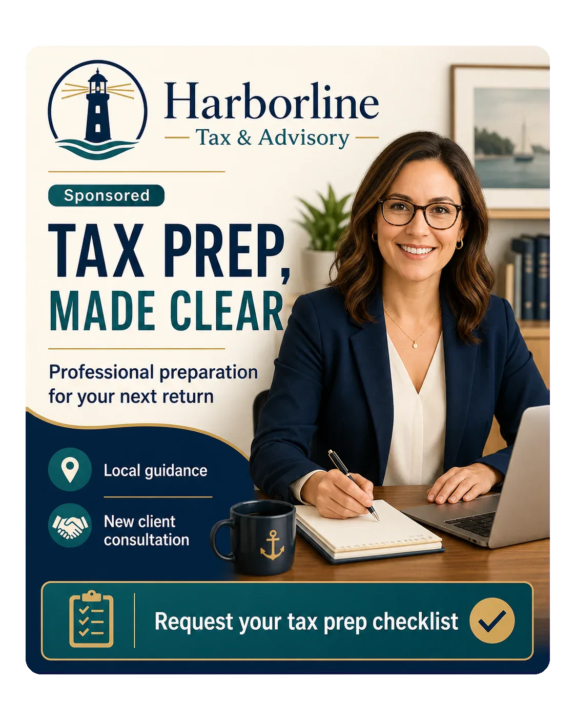 Lead-generation feed unit: tax prep, made clear; professional preparation for your next return, local guidance and new client consultation, and request your tax prep checklist along the foot.