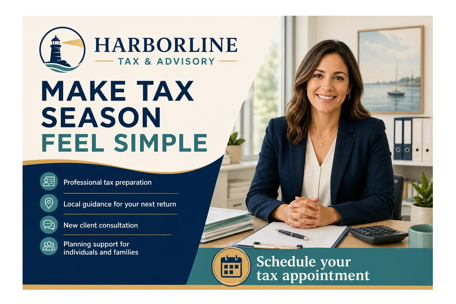 Tax-preparation postcard: make tax season feel simple; professional tax preparation, local guidance for your next return, new client consultation and planning support for individuals and families, and schedule your tax appointment across the foot.