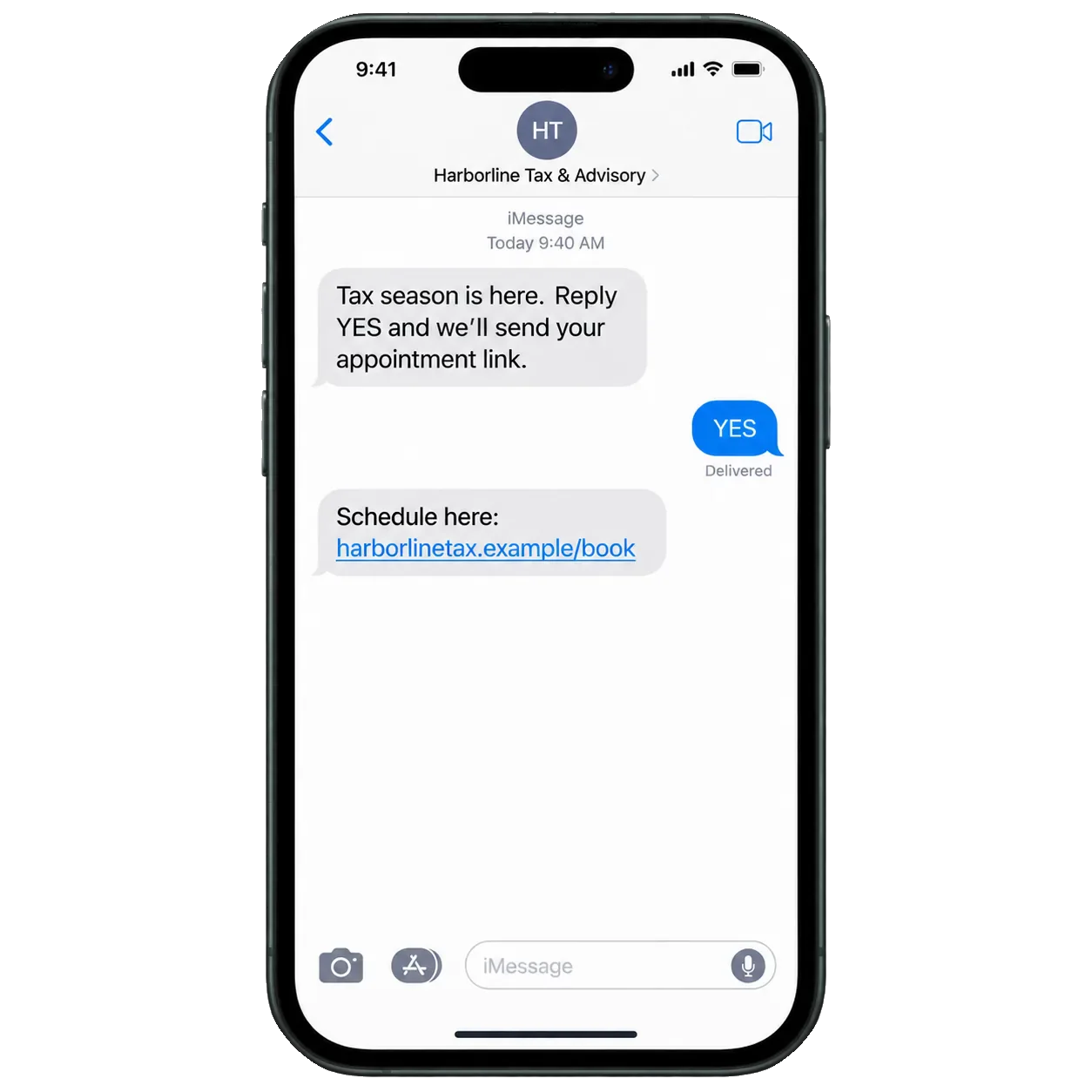 Tax scheduling text: tax season is here, reply YES and we’ll send your appointment link; the YES, then schedule here and the firm’s own booking link.