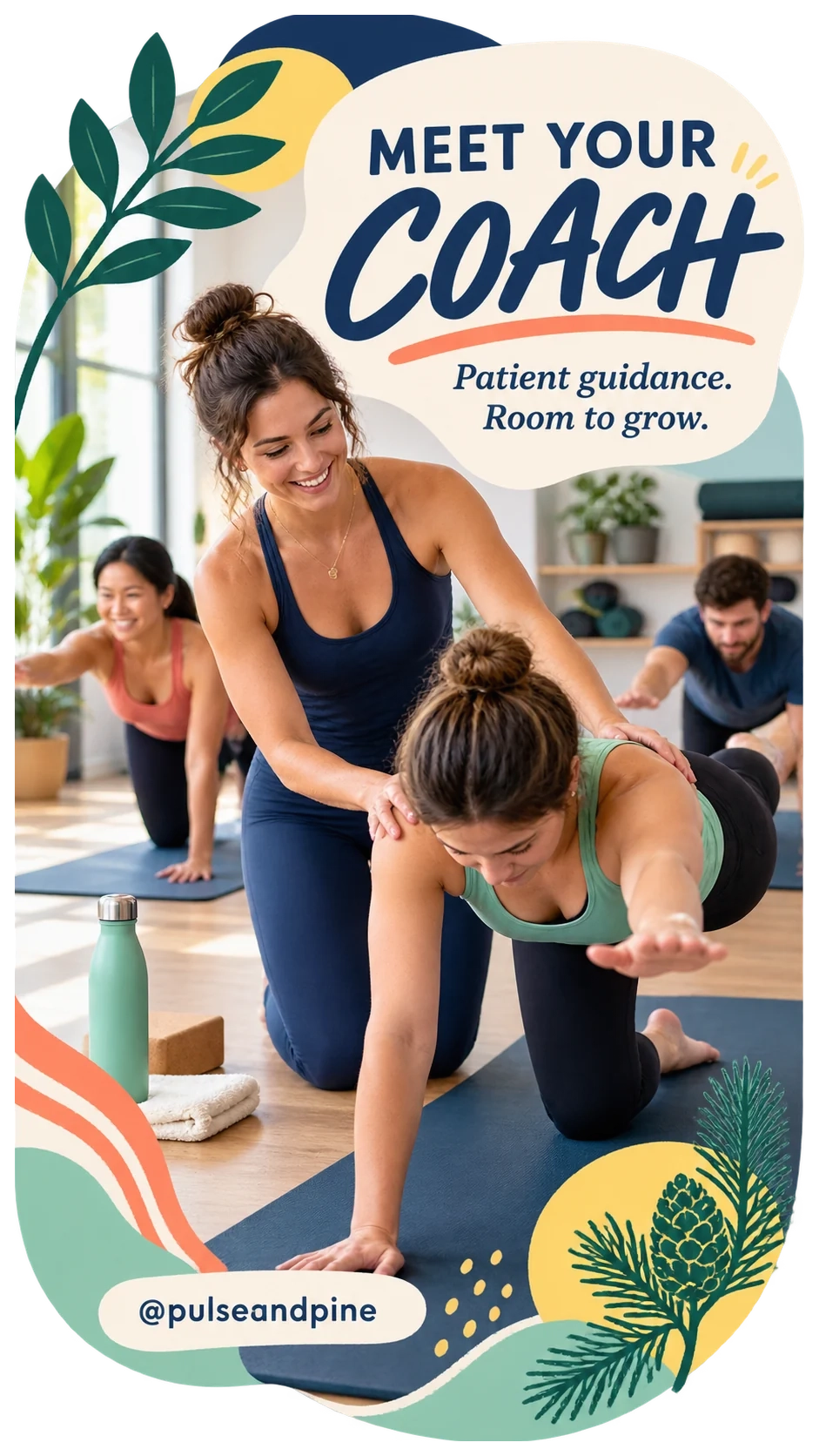 Instructor-profile Reel: meet your coach, patient guidance, room to grow; the studio’s own handle.