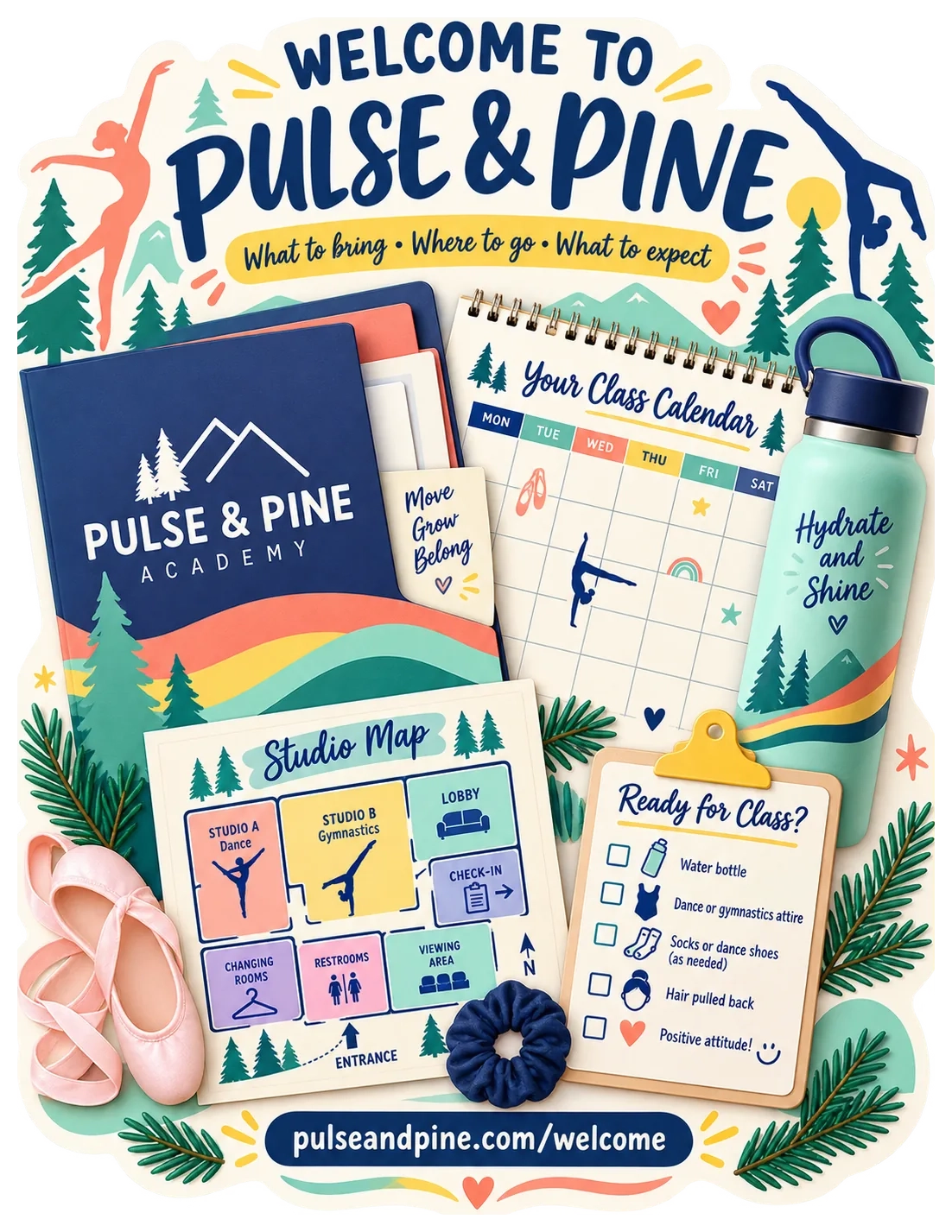 New-student welcome kit: what to bring, where to go, what to expect; the class calendar, the studio map with its dance and gymnastics studios, the ready-for-class checklist; the welcome page’s address.