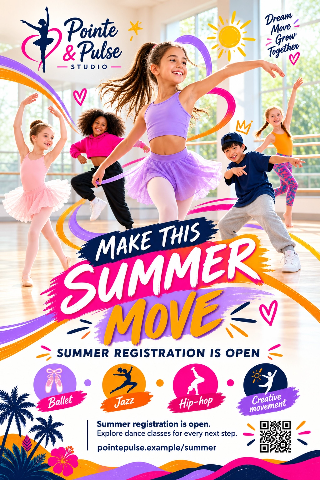 Summer registration postcard: make this summer move, summer registration is open; ballet, jazz, hip-hop, creative movement; find your class, the QR code and the summer page’s address.