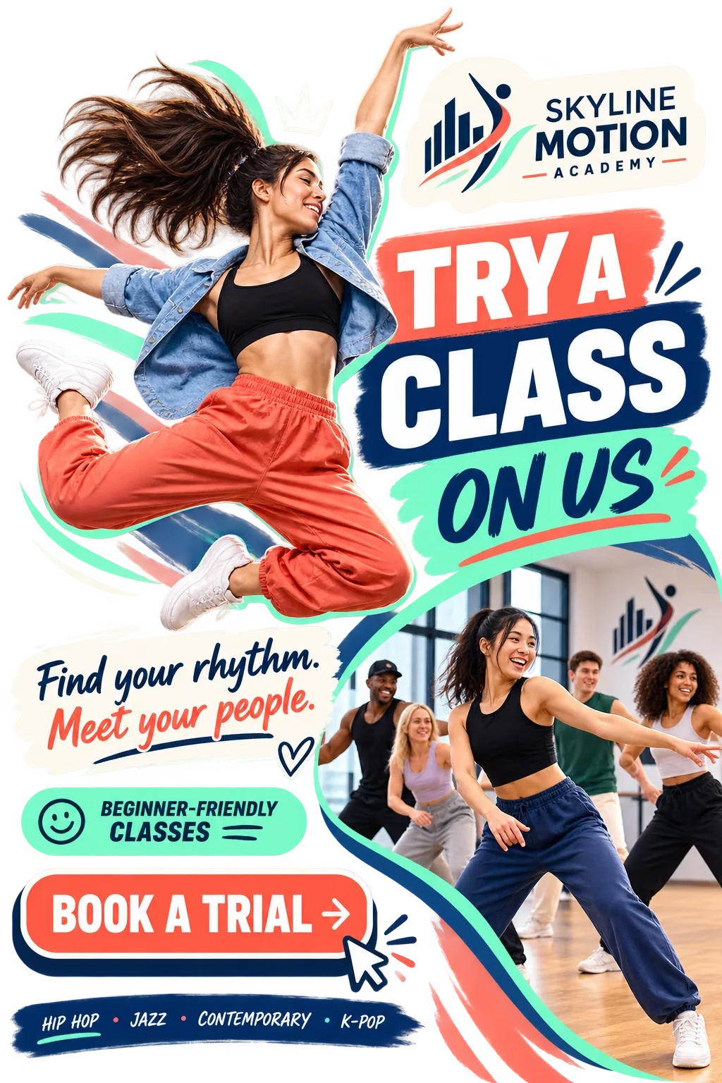 Trial-class feed unit: try a class on us; find your rhythm, meet your people; beginner-friendly classes; hip hop, jazz, contemporary, K-pop; book a trial.