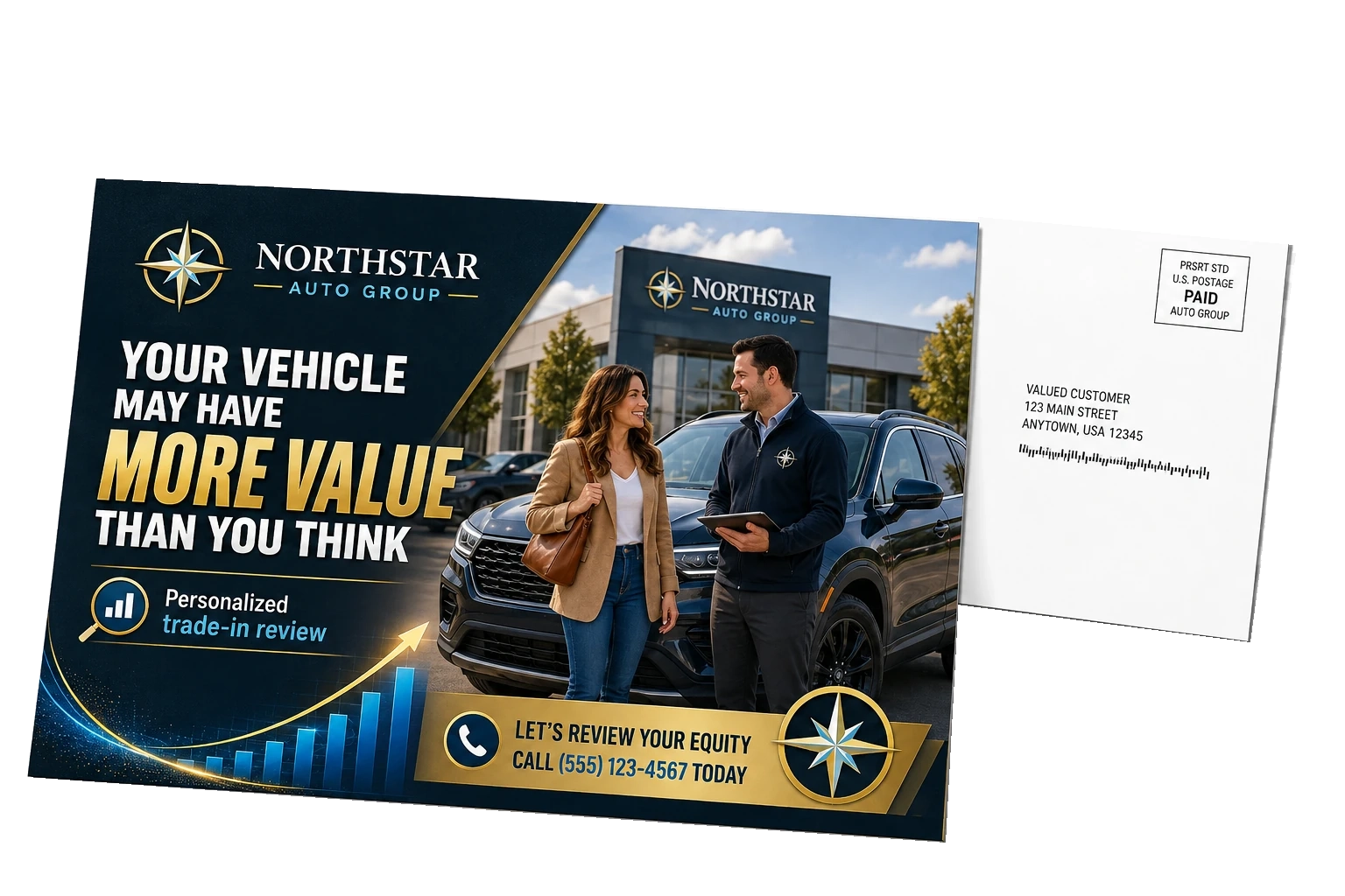 Equity-mining postcard, front and address side: your vehicle may have more value than you think, a personalized trade-in review, let’s review your equity; market values keep moving, a quick review can show what your vehicle may be worth today.