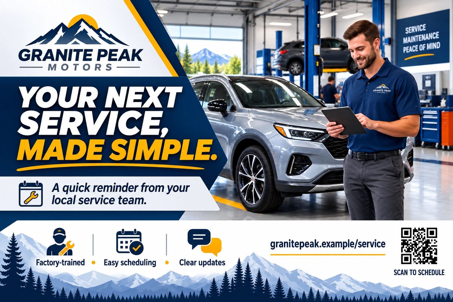 Service-reminder postcard: your next service, made simple; a quick reminder from your local service team; schedule service, scan to schedule.
