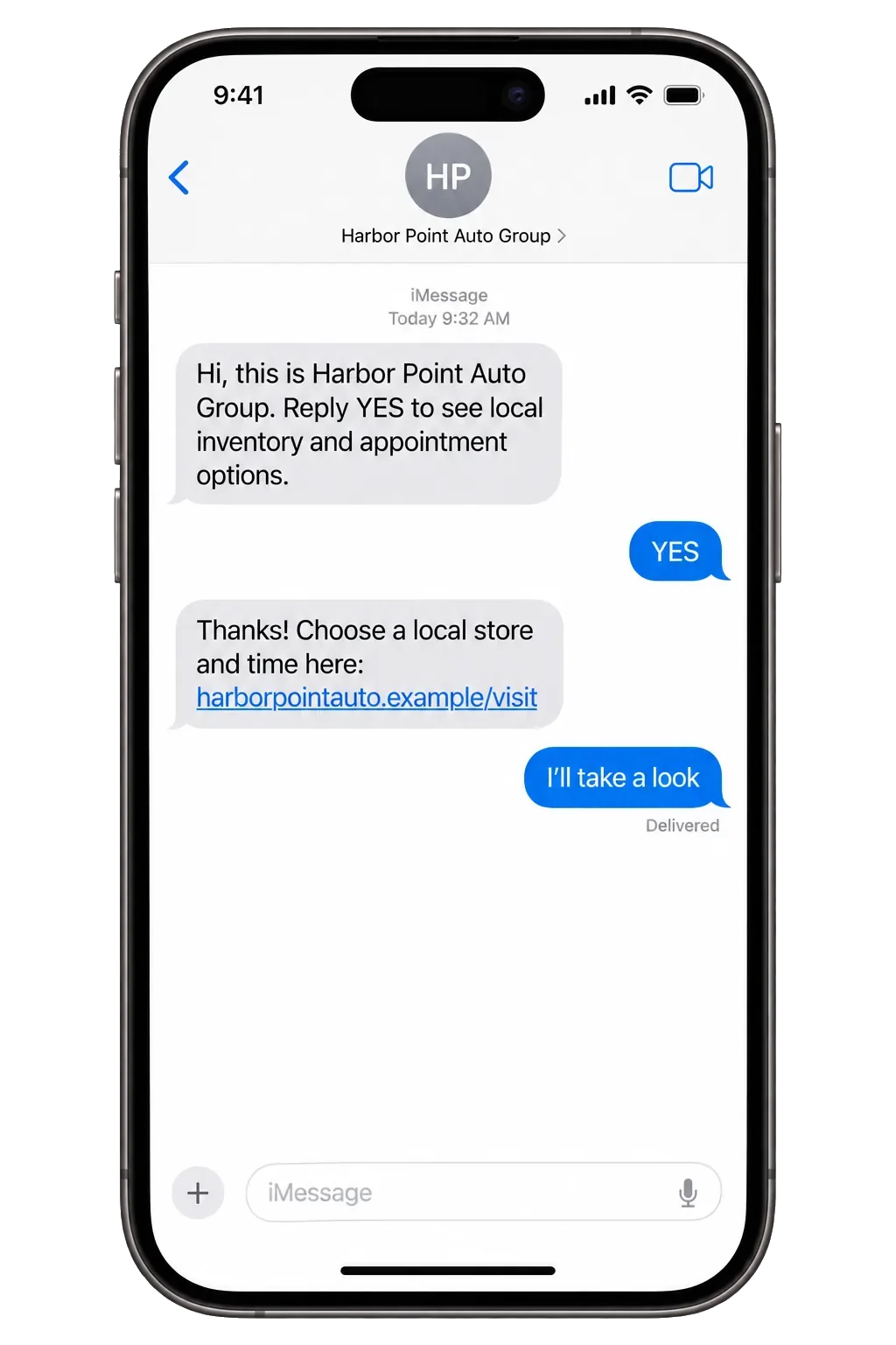 BDC follow-up text: reply YES to see local inventory and appointment options, the YES, then the link to choose a local store and time.