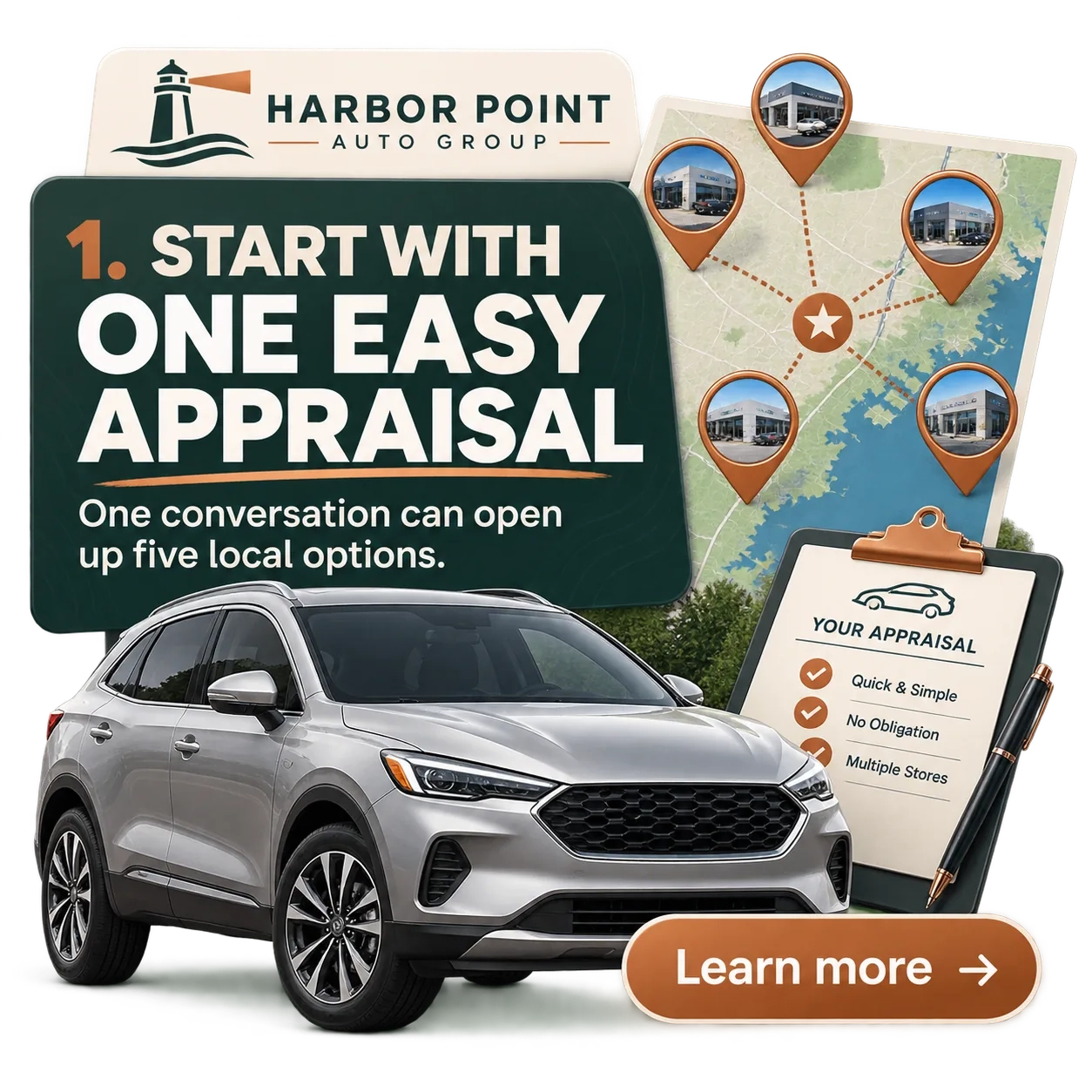 The opening card of the inventory carousel: start with one easy appraisal, one conversation can open up five local options, your appraisal, learn more.