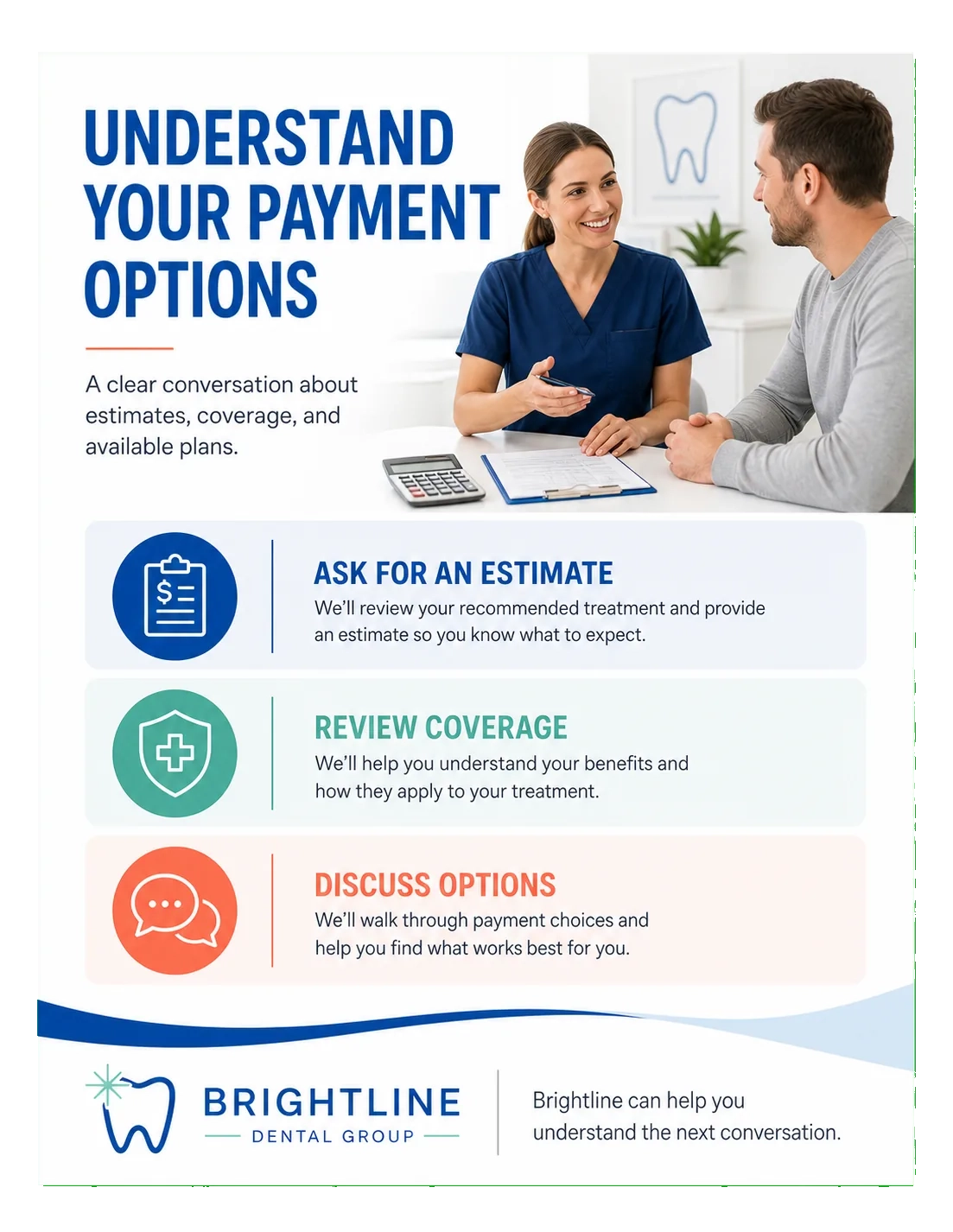 Payment-options explainer: understand your payment options; ask for an estimate, review coverage, discuss options; the next conversation.