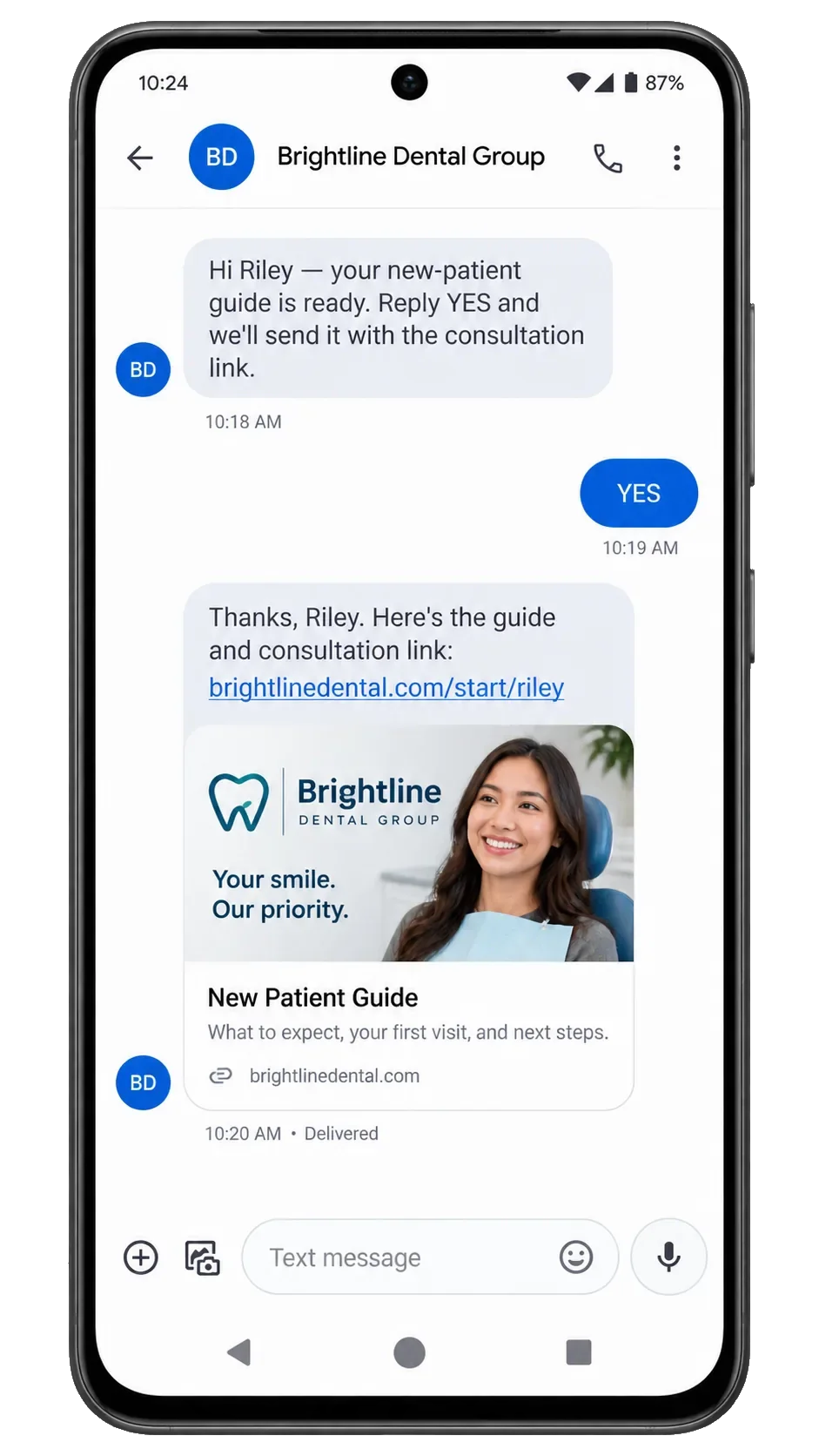 New-patient follow-up text, addressed by first name: your new-patient guide is ready, reply YES and we’ll send it with the consultation link; the YES; then the guide and the consultation link.