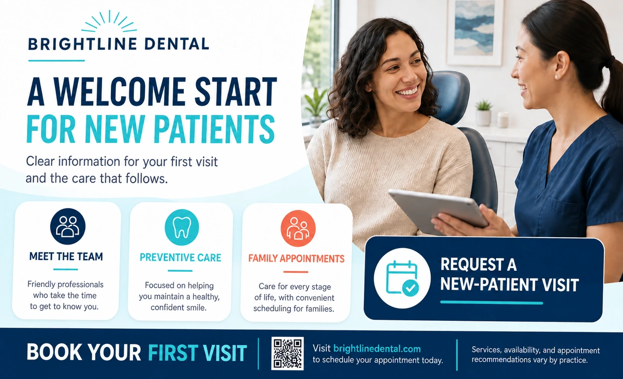 New-patient brochure mailer: a welcome start for new patients; clear information for your first visit and the care that follows; meet the team, preventive care, family appointments; request a new-patient visit, book your first visit.