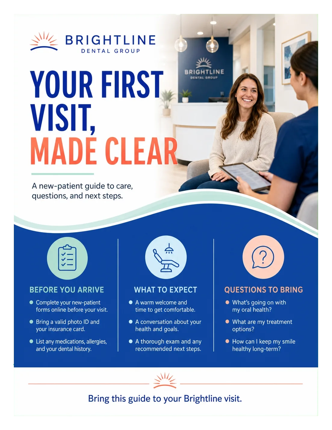 New-patient guide: your first visit, made clear; before you arrive, what to expect, questions to bring; bring this guide to your visit.