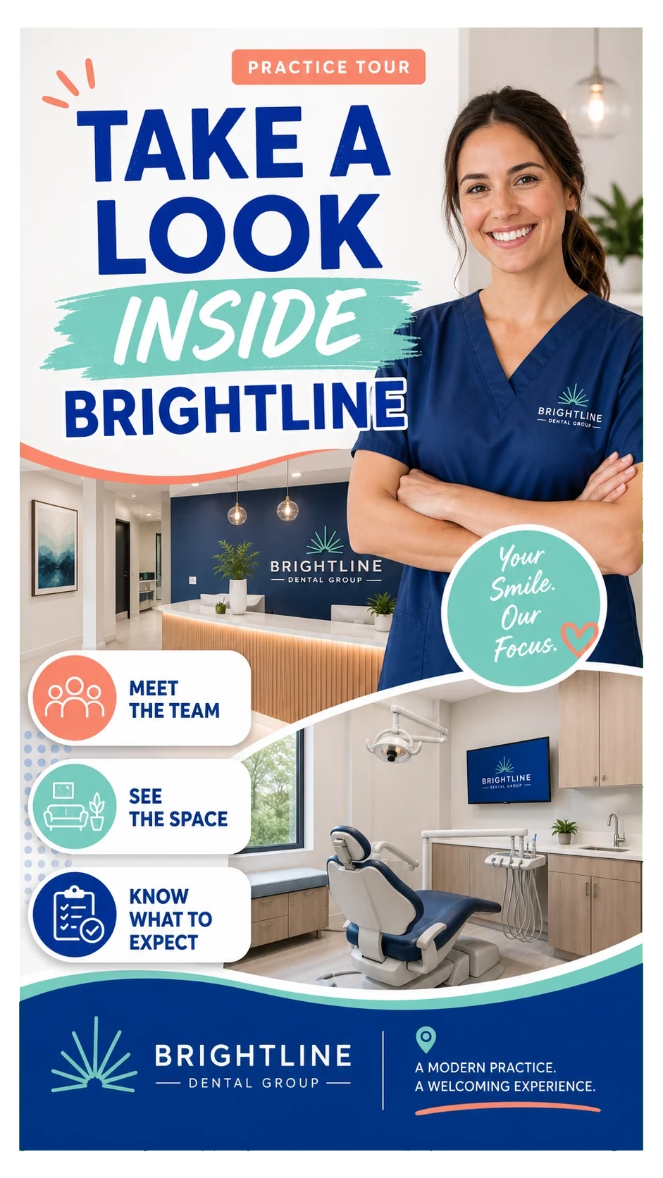 Practice-tour Reel: take a look inside; meet the team, see the space, know what to expect; the front desk, the operatory chair and the group’s name at the foot.
