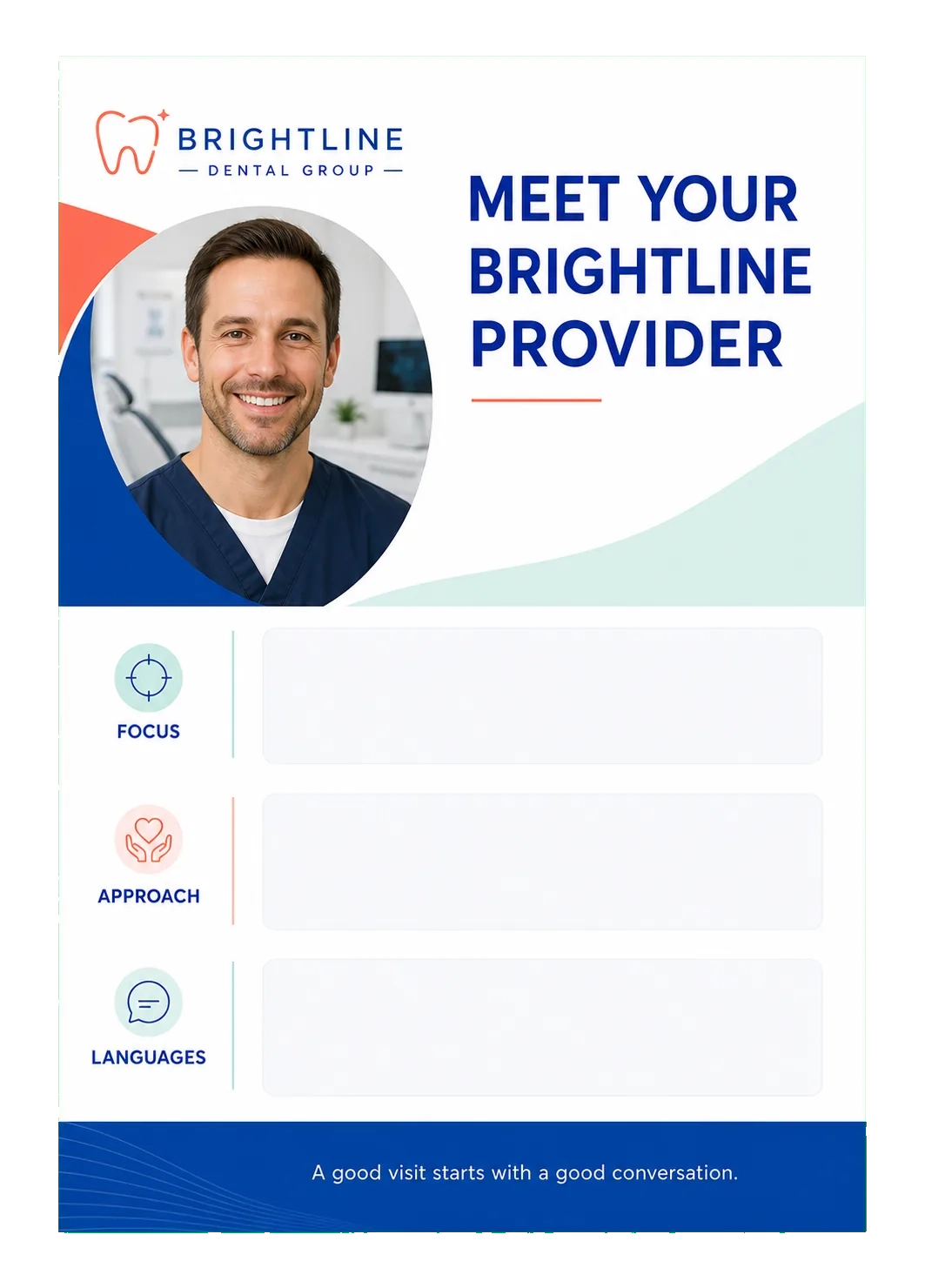 Provider bio card: meet your provider; focus, approach and languages left open, filled per provider on the press; a good visit starts with a good conversation.