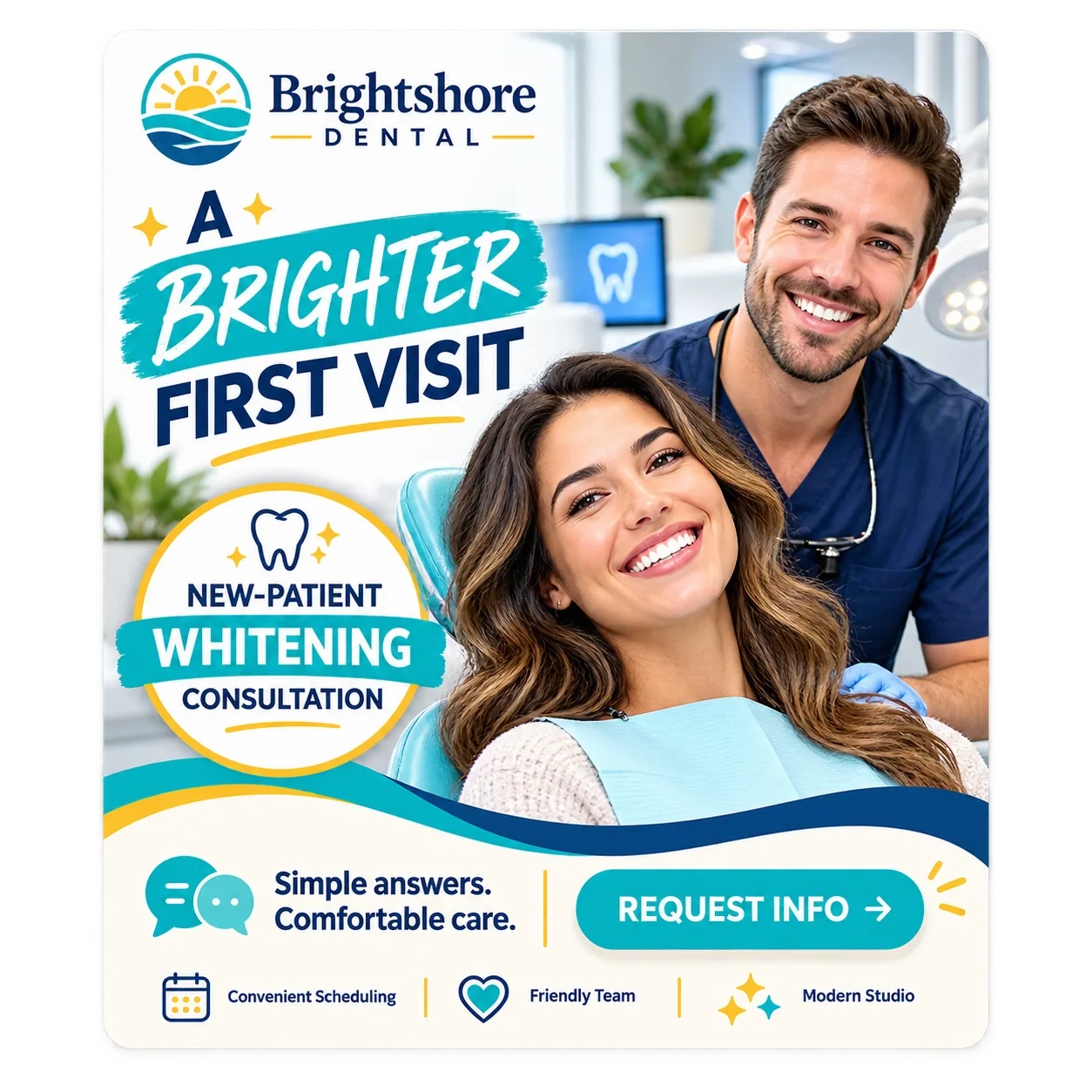 Whitening offer feed unit: a brighter first visit; a new-patient whitening consultation; simple answers, comfortable care; request info; convenient scheduling, friendly team, modern studio.