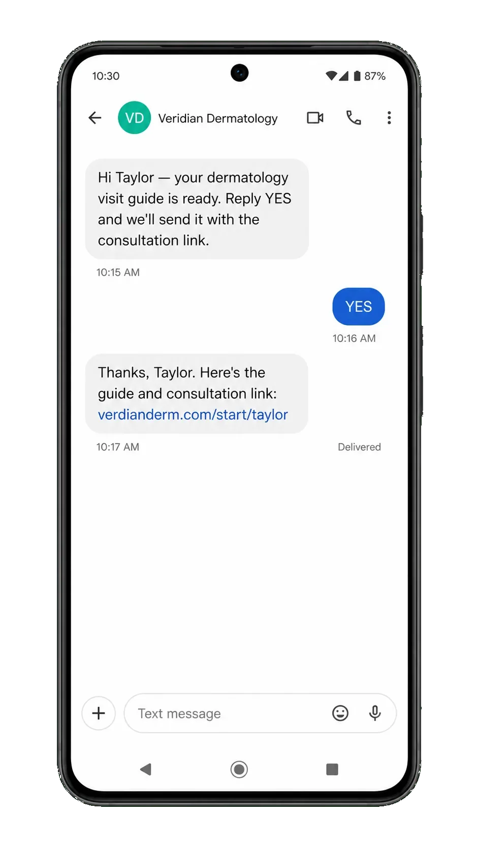 Consultation follow-up text, addressed by first name: your dermatology visit guide is ready, reply YES and we’ll send it with the consultation link; the YES; then the guide and the consultation link.