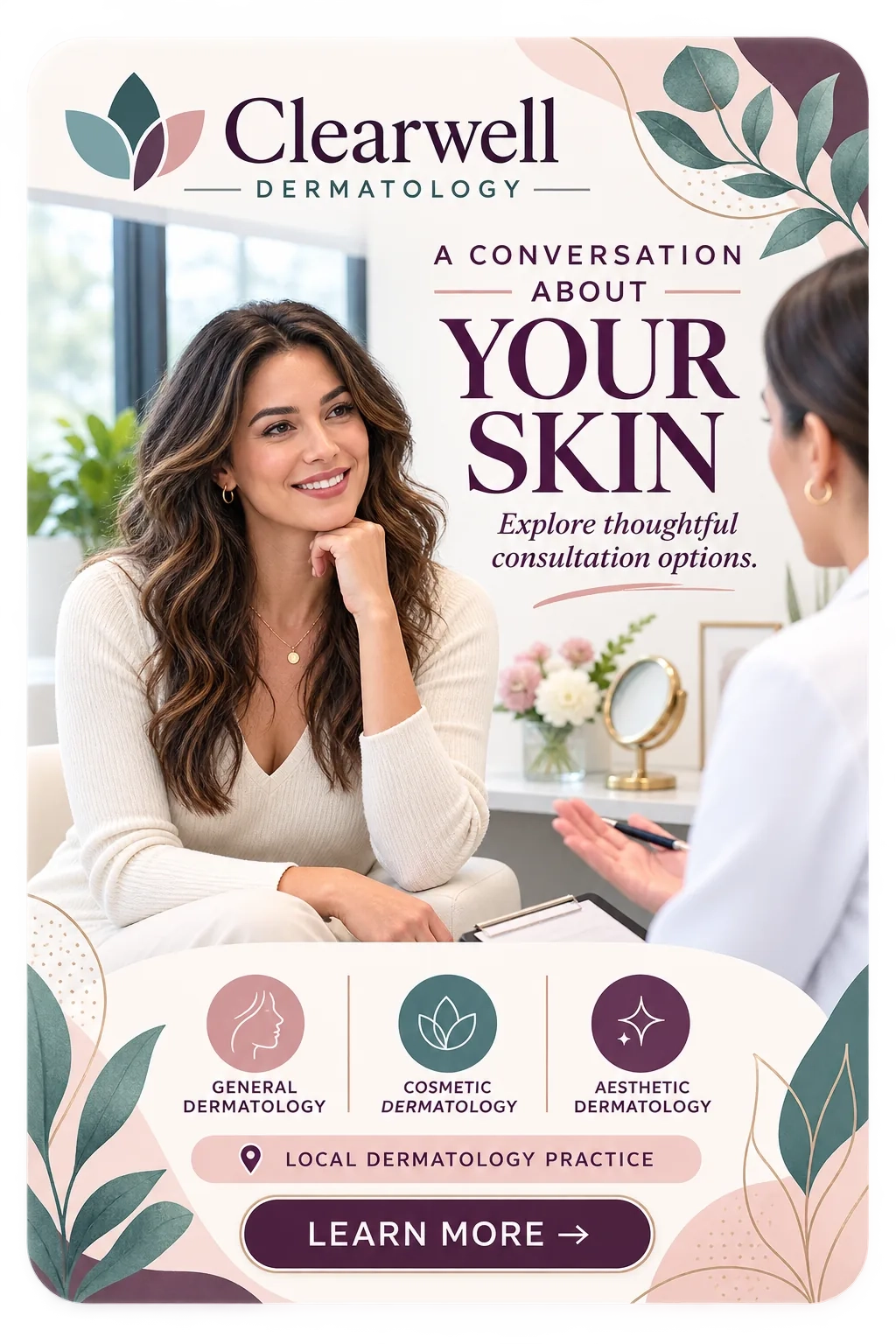 Consultation feed unit: a conversation about your skin, explore thoughtful consultation options; general, cosmetic and aesthetic dermatology; a local dermatology practice; learn more.