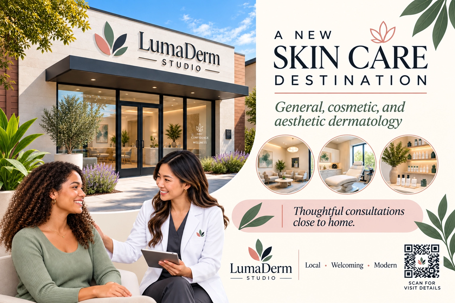 Local-awareness postcard: a new skin care destination; general, cosmetic and aesthetic dermatology; the studio’s front and three rooms inside; thoughtful consultations close to home; meet the practice, and the visit page’s address.