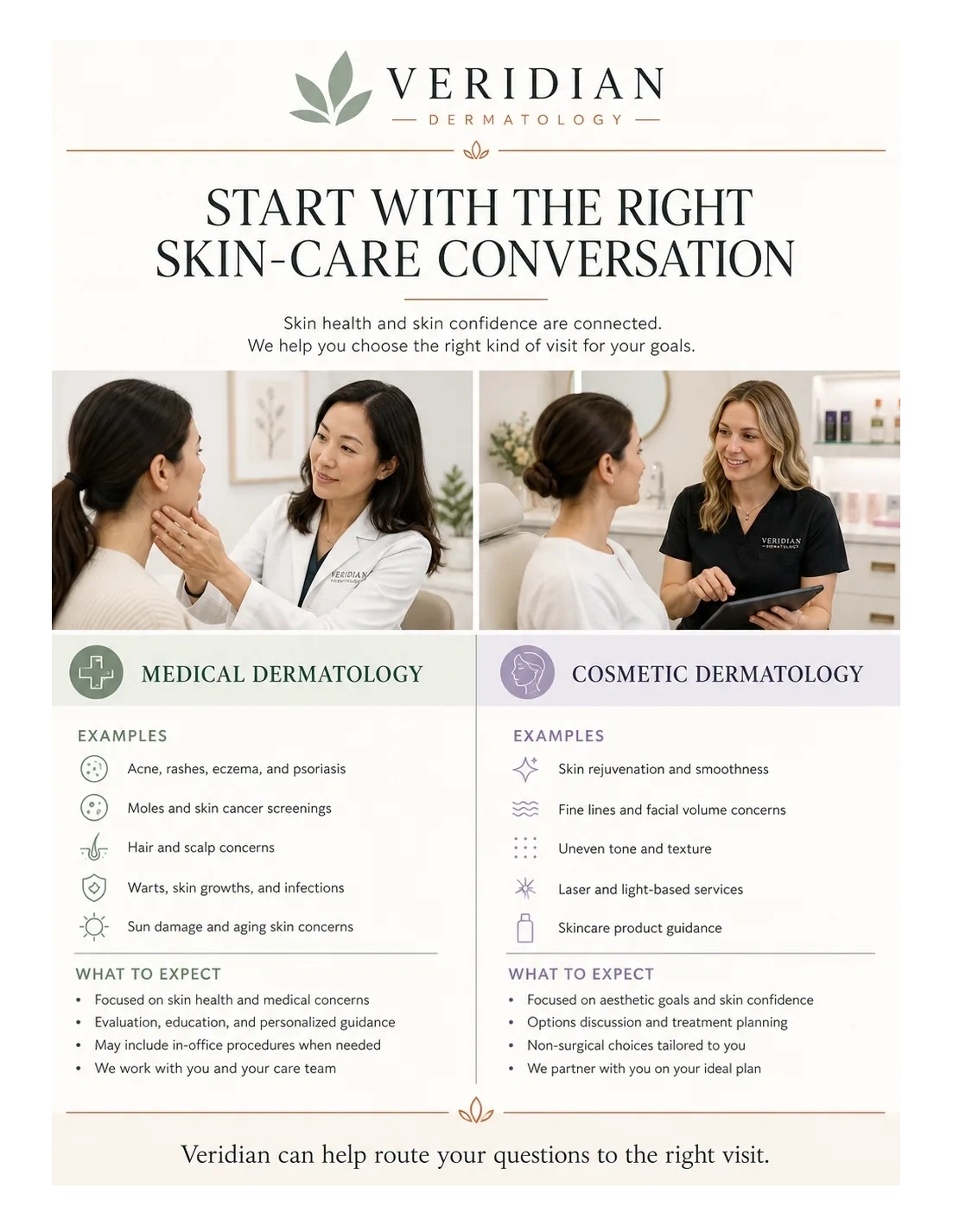 Medical-versus-cosmetic comparison sheet: start with the right skin-care conversation; medical dermatology and cosmetic dermatology side by side, examples and what to expect under each.