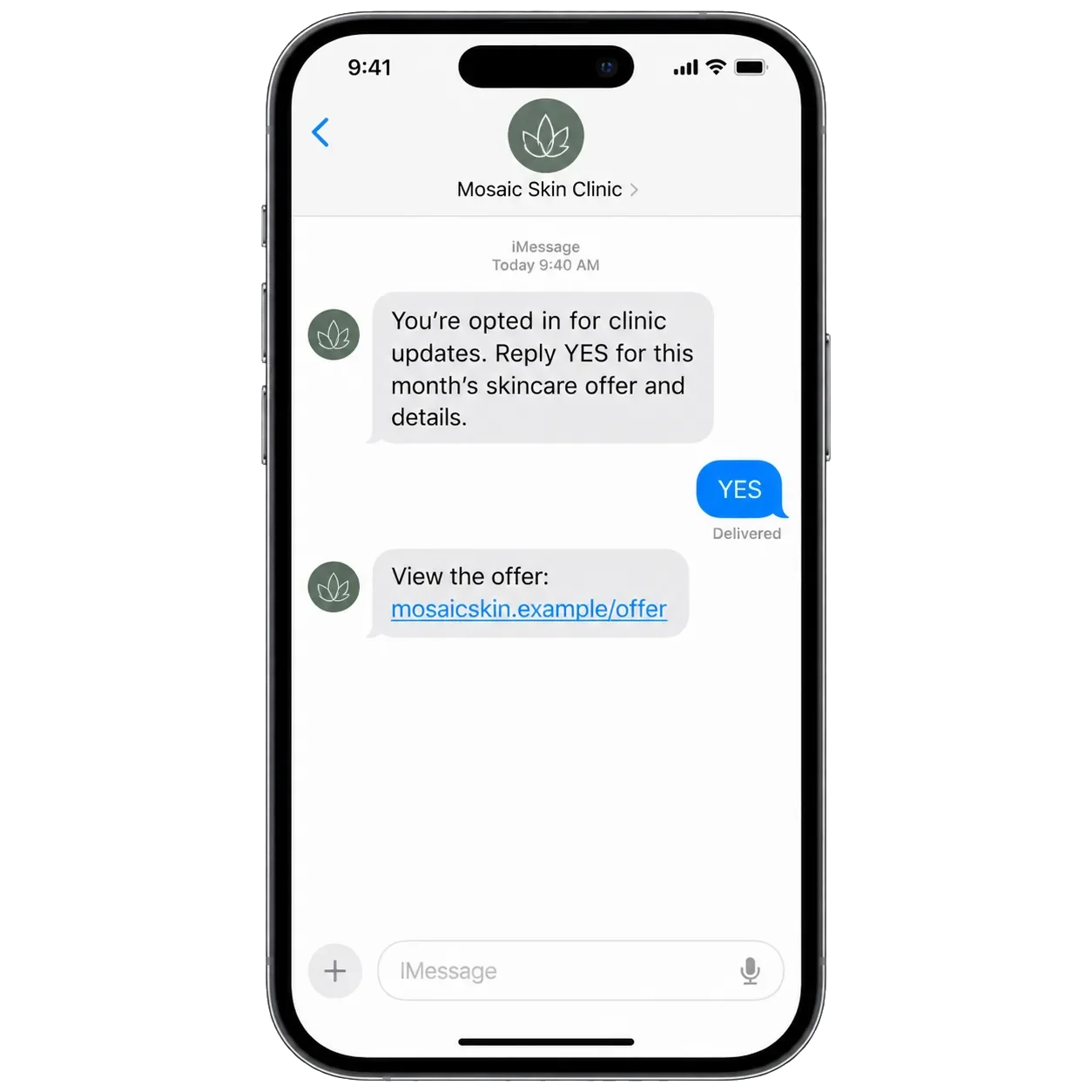 Clinic-updates text: you’re opted in for clinic updates, reply YES for this month’s skincare offer and details; the YES; then view the offer, the offer link.