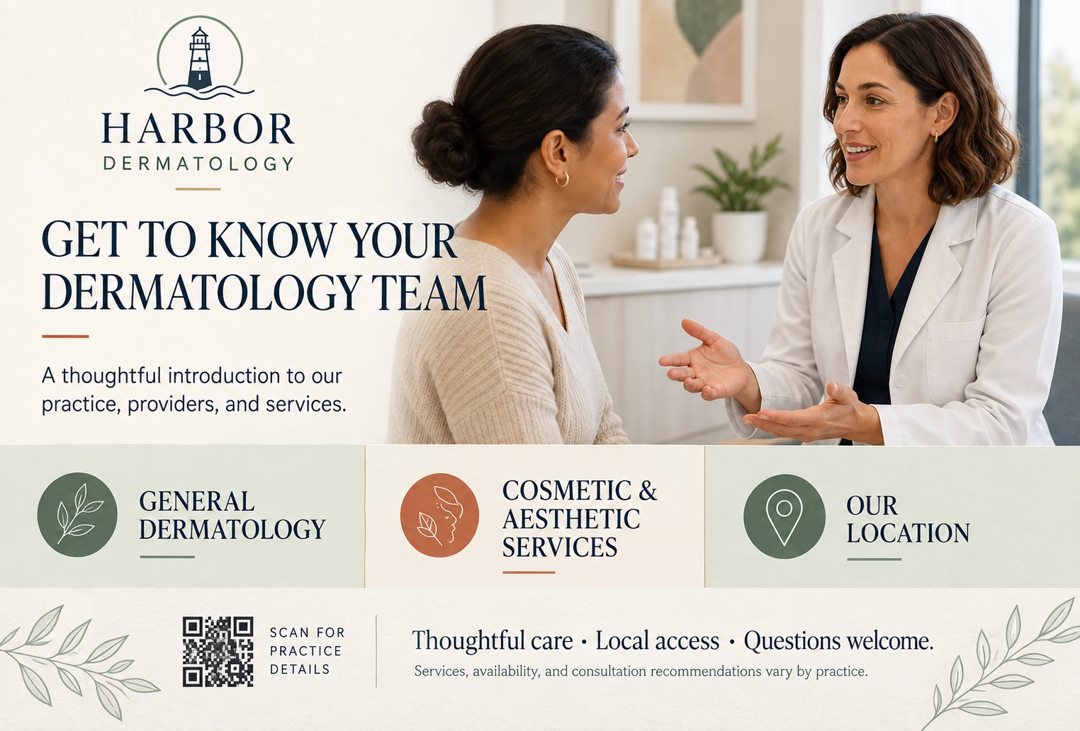Provider-introduction mailer: get to know your dermatology team; a thoughtful introduction to the practice, its providers and services; general dermatology, cosmetic and aesthetic services, our location; request a consultation.