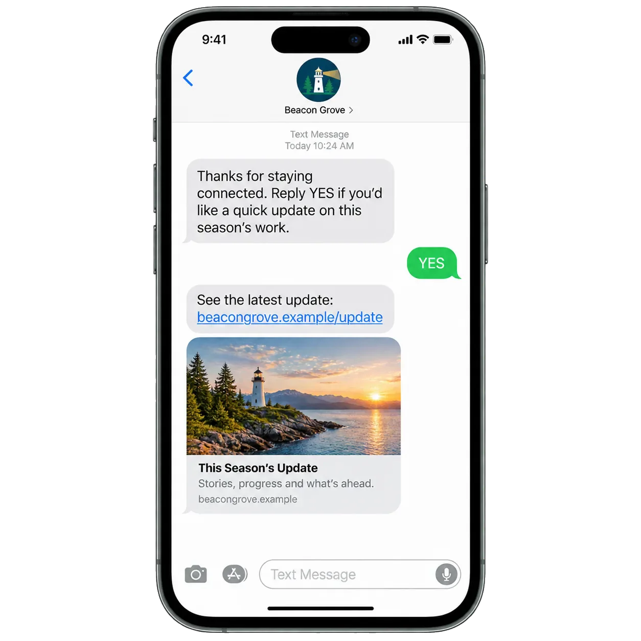 Donor-reengagement text: thanks for staying connected, reply YES if you’d like a quick update on this season’s work; the YES, then the update’s own link with its preview card.