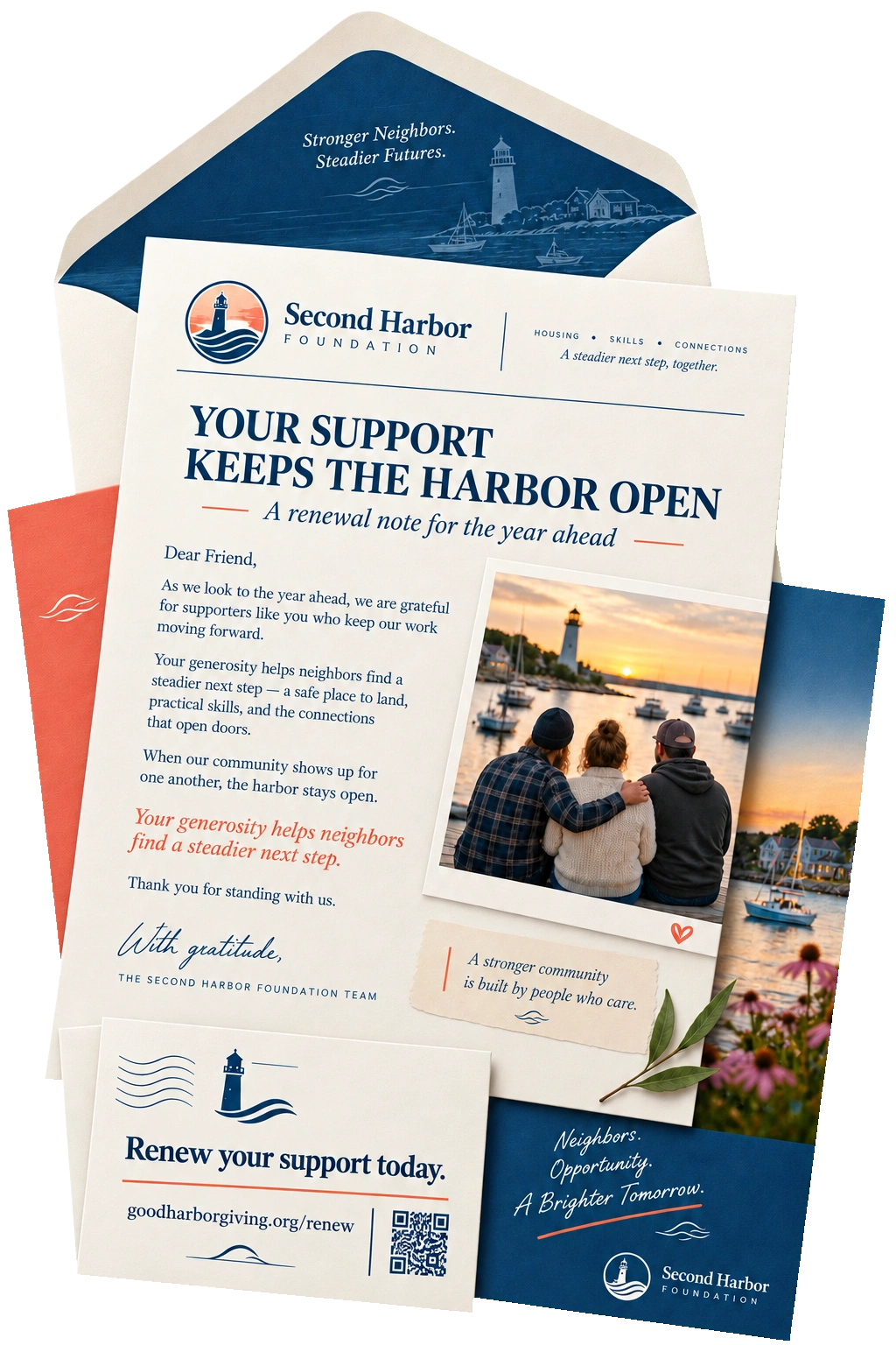 Donor-renewal letter in its lined envelope: your support keeps the harbor open, a renewal note for the year ahead; a letter to a supporter, a reply card that says renew your support with the foundation’s own renewal address, and a scan code.