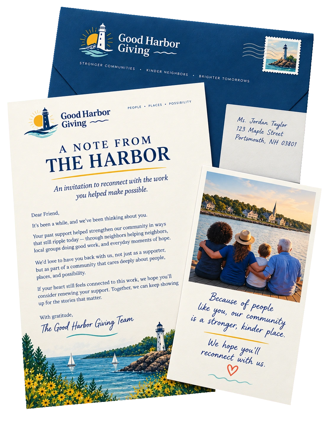 Lapsed-donor re-engagement package: a note from the harbor, an invitation to reconnect with the work you helped make possible; a letter that opens it has been a while, a stamped outer envelope, and a card saying we hope you’ll reconnect with us.