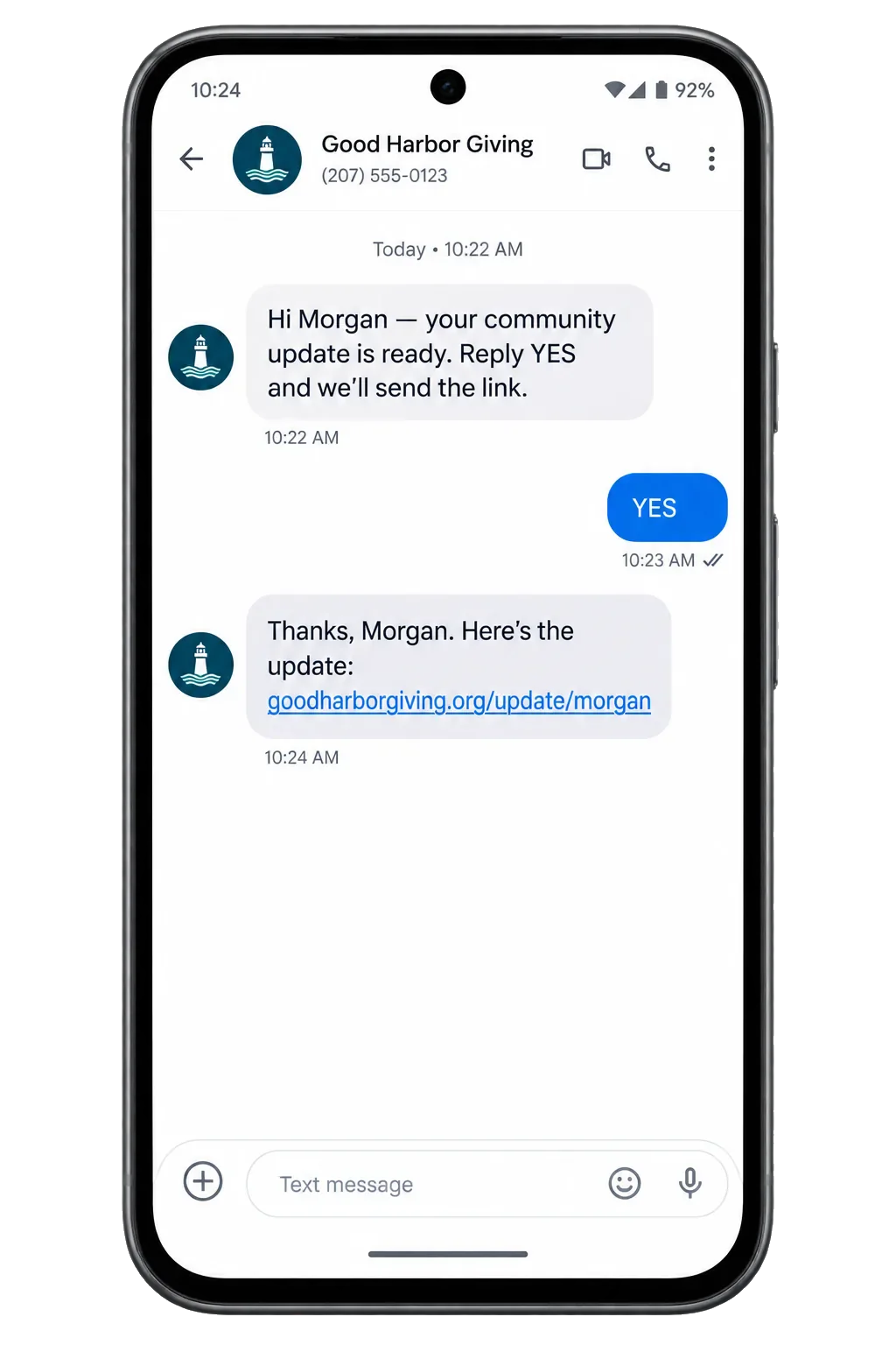 Donor-reengagement text, addressed by first name: your community update is ready, reply YES and we’ll send the link; the YES, then the fund’s own update link.