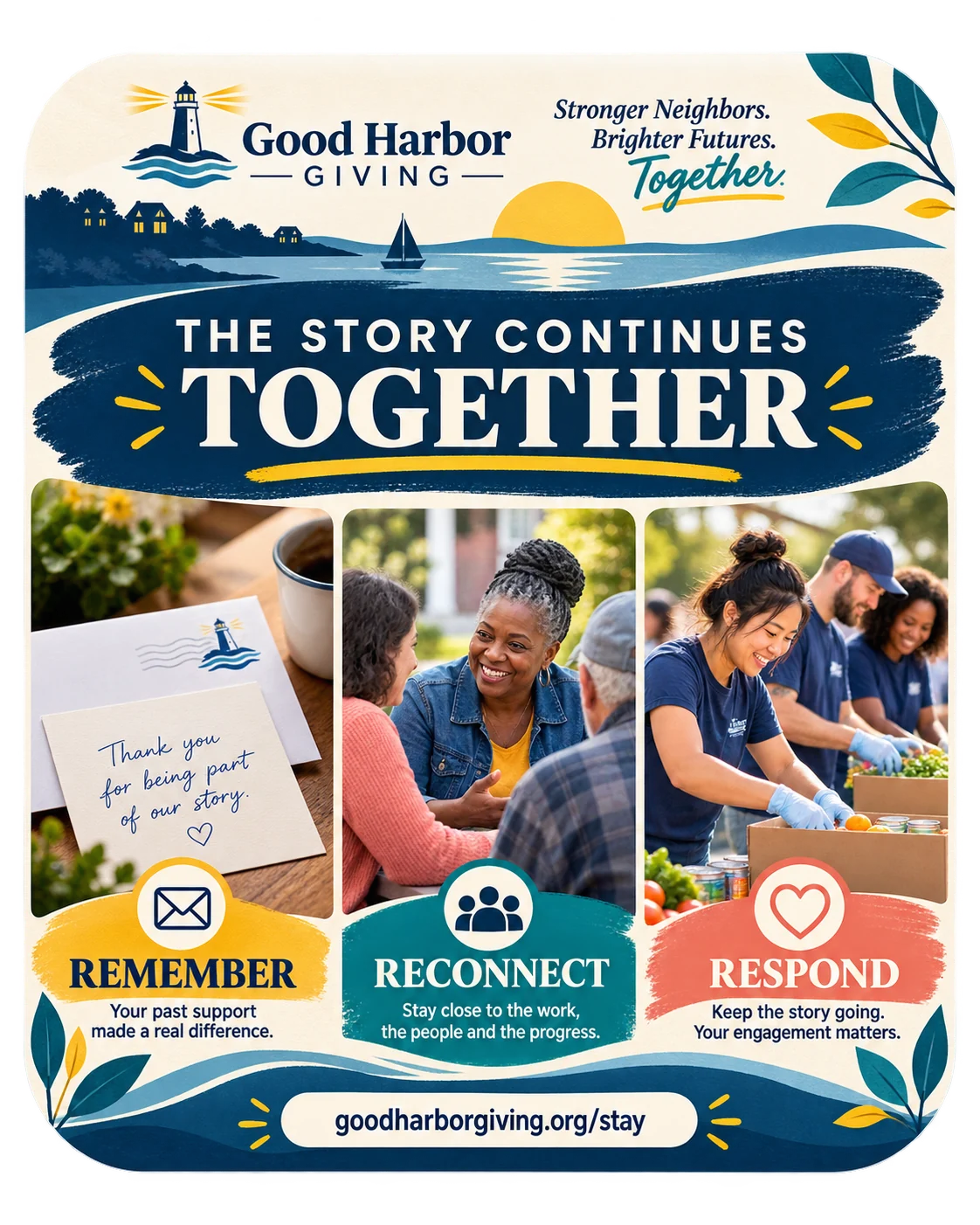 Donor-reinforcement carousel: the story continues together, in three panels — remember, your past support made a real difference; reconnect, stay close to the work, the people and the progress; respond, keep the story going — and the fund’s own address.