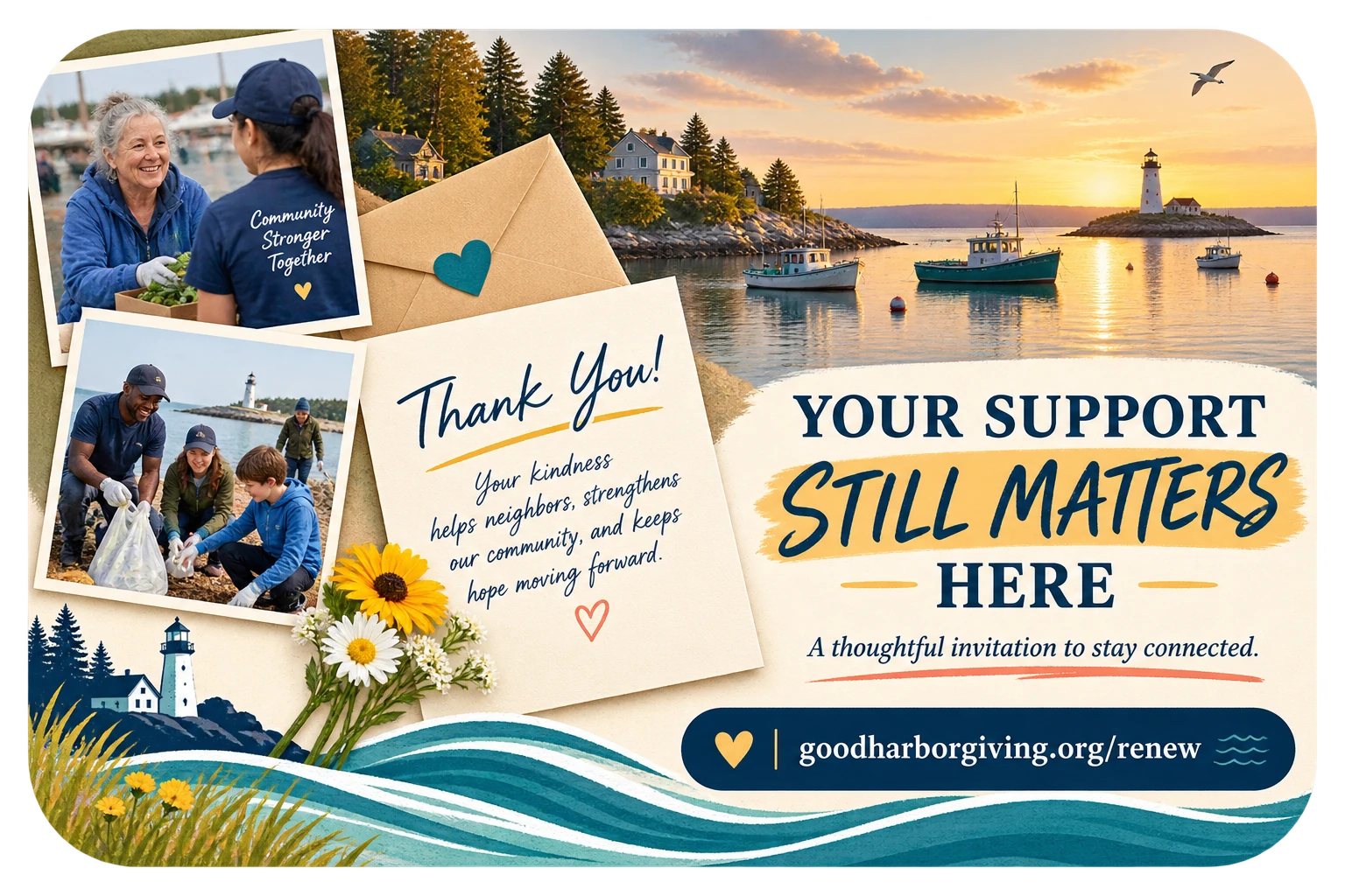 Donor-renewal postcard: your support still matters here, a thoughtful invitation to stay connected; a thank-you note that your kindness helps neighbors, strengthens our community and keeps hope moving forward, and the fund’s own renewal address.