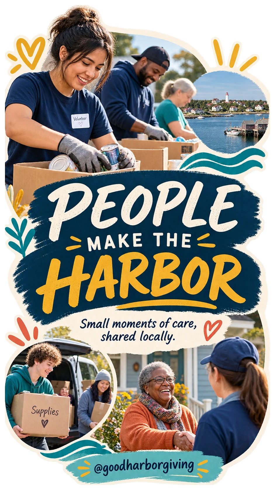 Volunteer and mission-story Reel: people make the harbor, small moments of care shared locally; volunteers packing boxes and a neighbour greeted at her door, and the fund’s own handle.