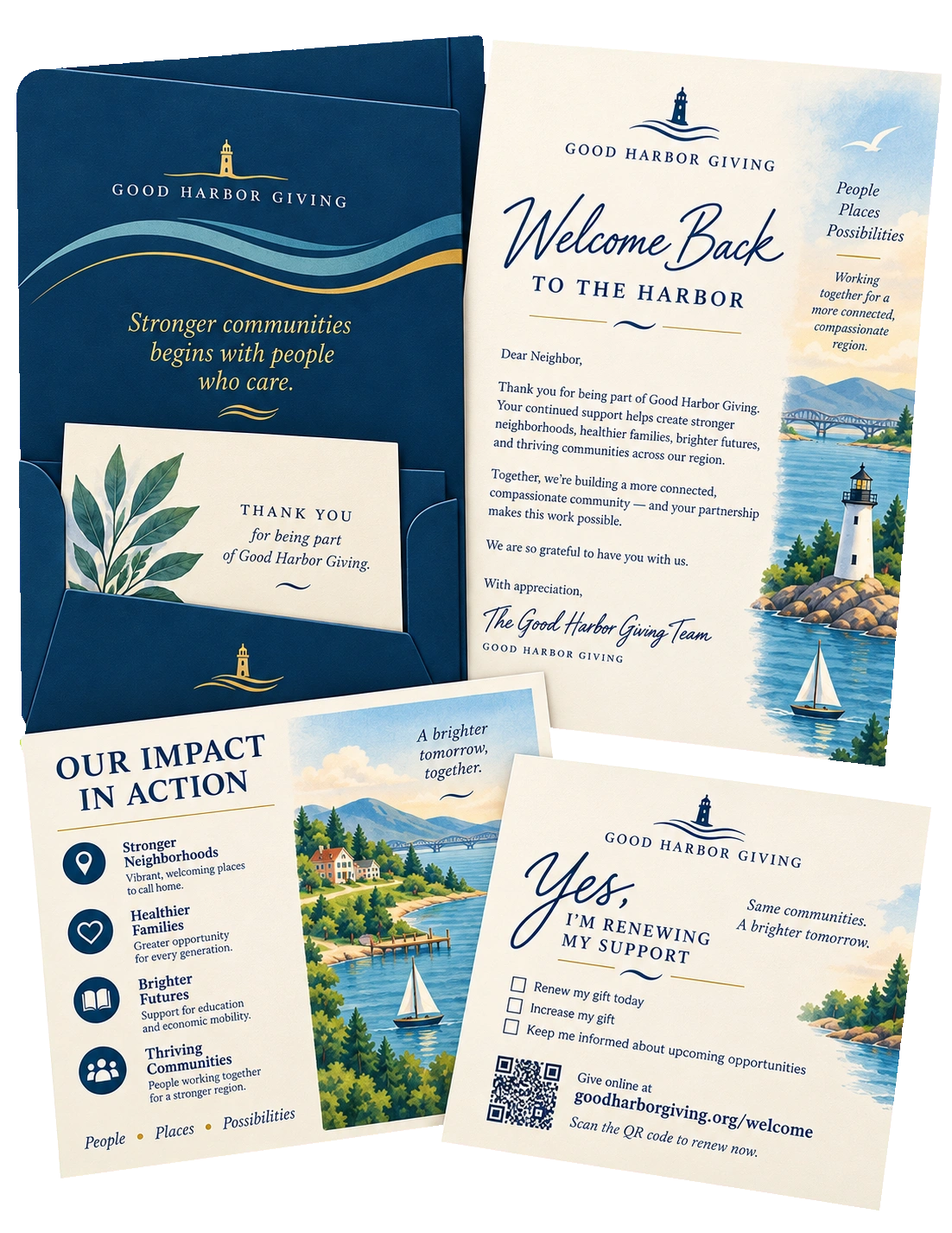 Welcome-and-renewal kit: a folder that says stronger communities begins with people who care, a mission map, a thank-you card for continued support and a welcome-back card, with the fund’s own welcome address.