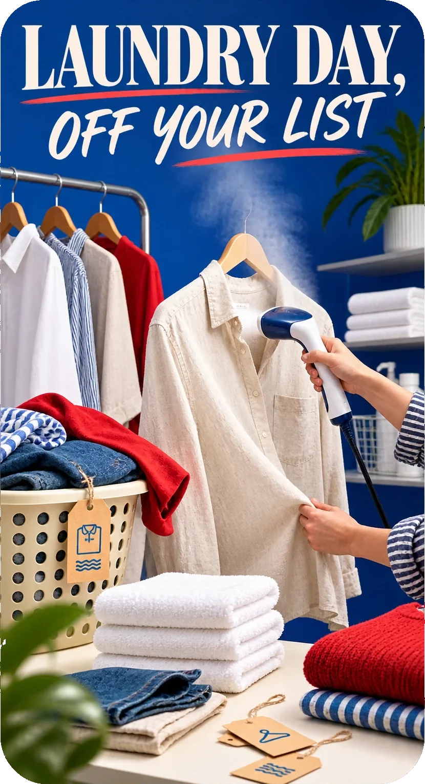 Garment-care Reel: laundry day, off your list, a shirt being steamed on the hanger beside a folded stack and a rail of pressed shirts, with the cleaner’s own care tags on the table.