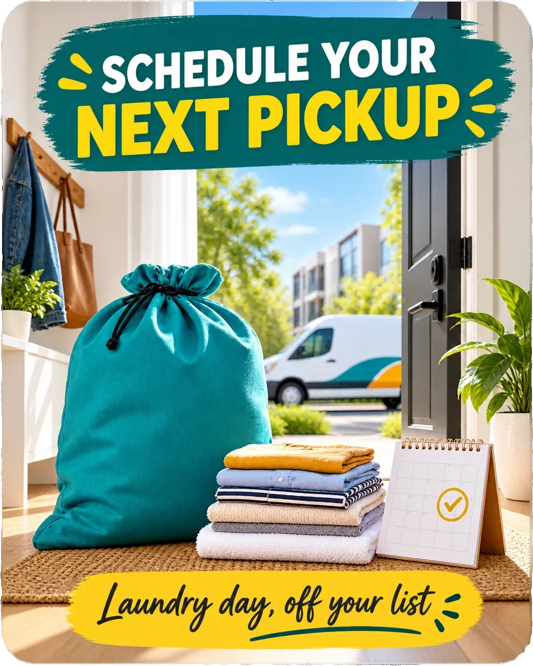 Pickup carousel: schedule your next pickup, a bagged collection waiting inside an open door with the van at the kerb and the date ticked on the desk calendar, and laundry day, off your list along the foot.