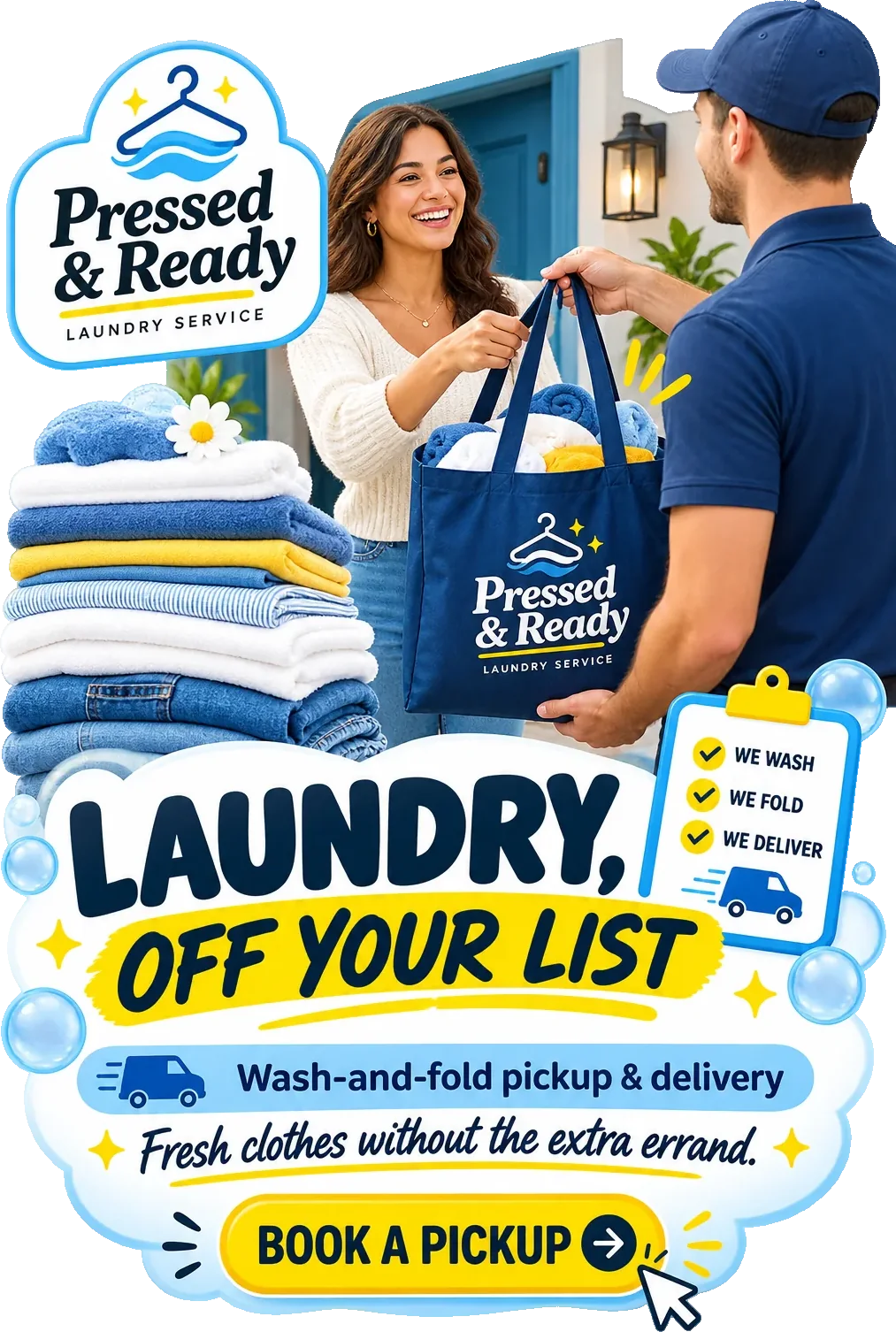 Pickup feed unit: laundry, off your list, wash-and-fold pickup and delivery, fresh clothes without the extra errand, with we wash, we fold and we deliver ticked on the clipboard, and book a pickup.