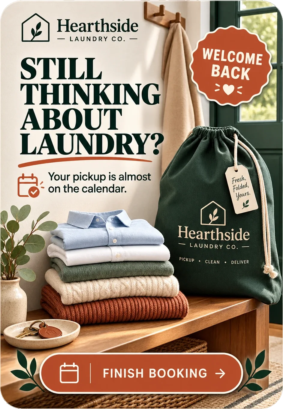 Retargeting feed unit: still thinking about laundry, your pickup is almost on the calendar, a welcome-back mark beside the bagged collection on the bench, and finish booking.
