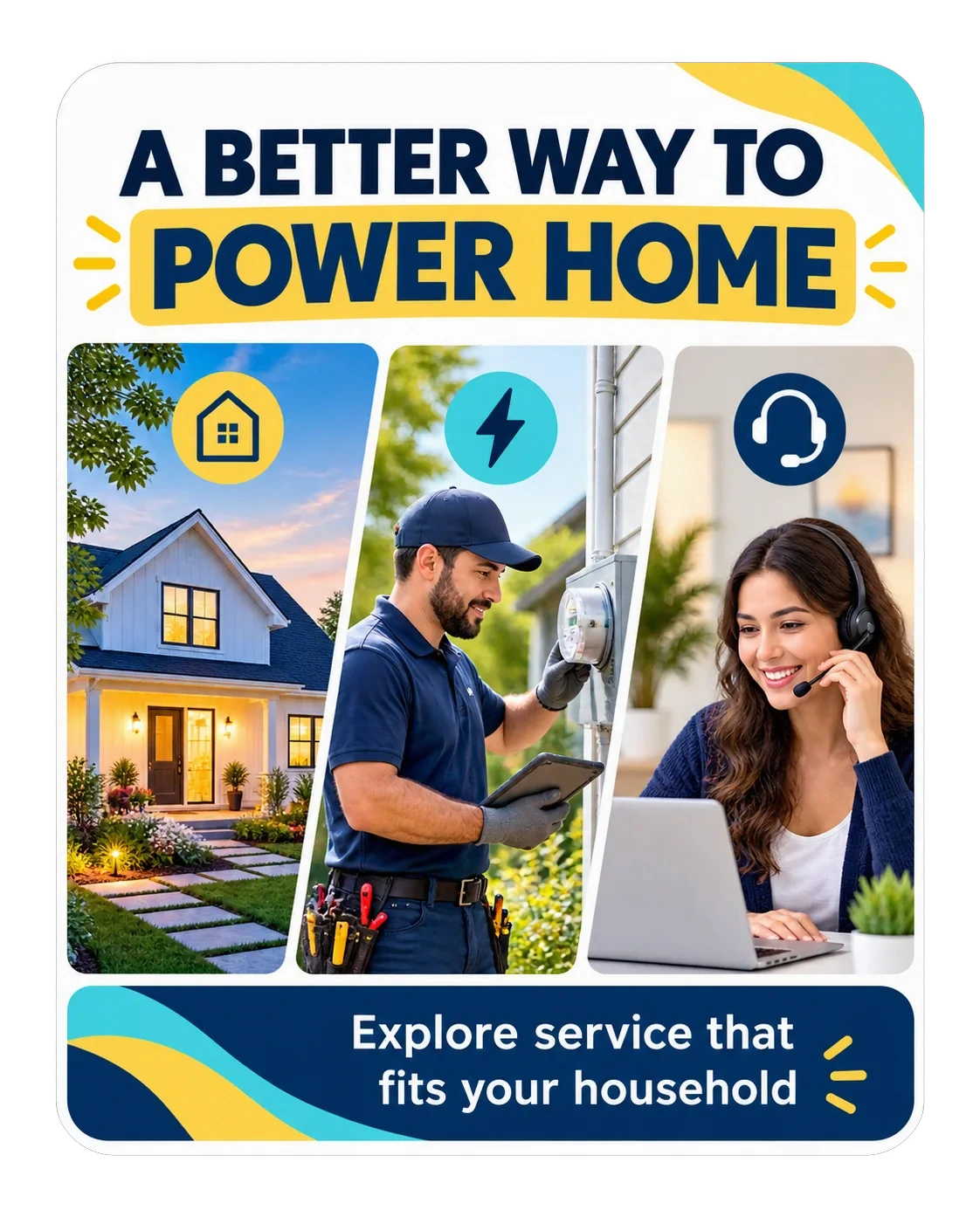 New-customer carousel: a better way to power home, in three panels — the lit house, the technician at the meter, the support desk — and explore service that fits your household along the foot.